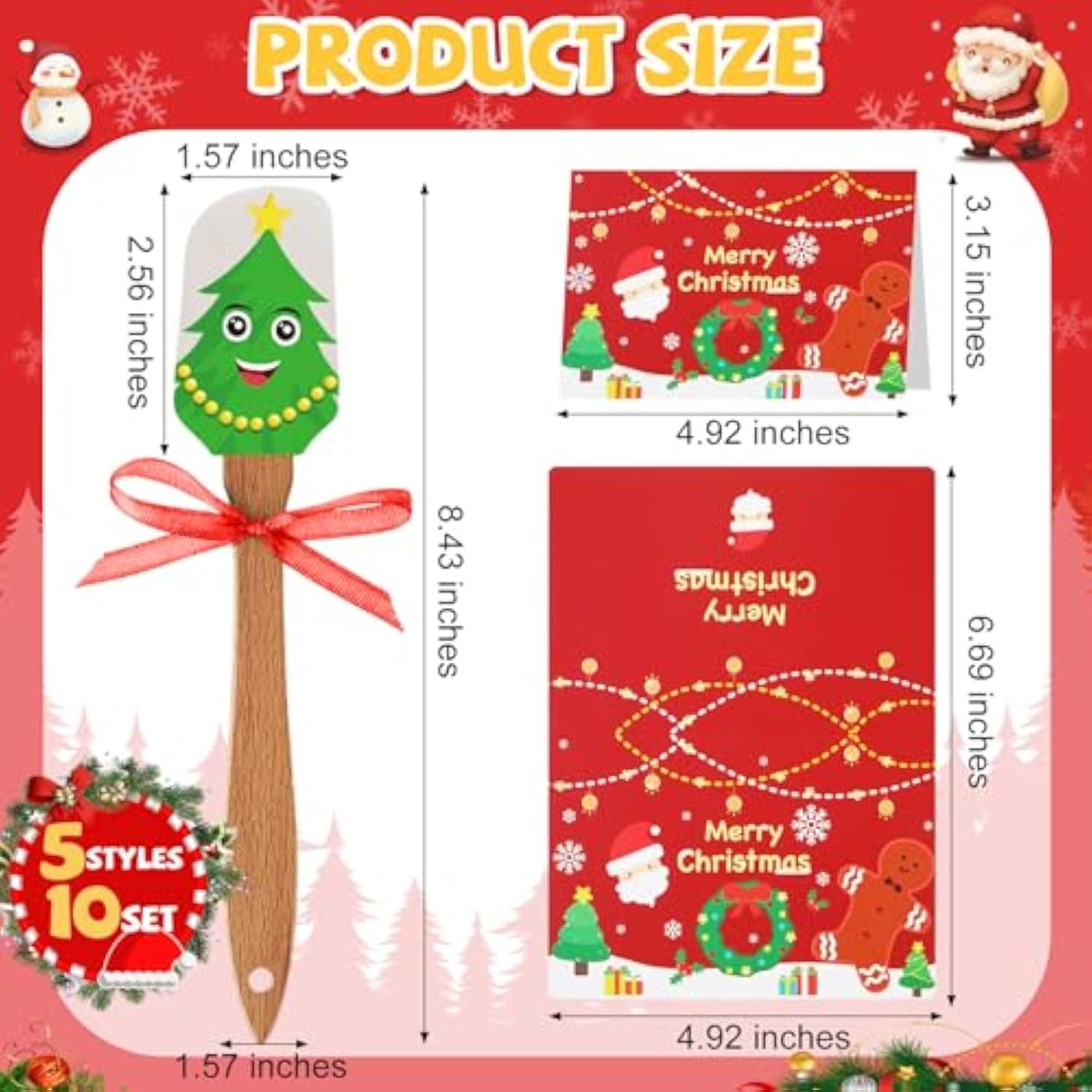 10 Sets Christmas Silicone Spatula Cake Spatula Bulk Cooking Scraper With Wooden Handle Xmas Greeting Card Ribbon For Christmas Decoration Holiday Gifts Kitchen Party Favors (Cute Style)
