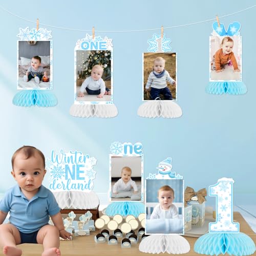 Winter Onederland 1st Birthday Party Decoration, 8pcs Winter Onederland Photo Honeycomb Centerpiece Blue Snowflake Table Topper for Winter Onederland One Year Old 1st Birthday Boy Decoration