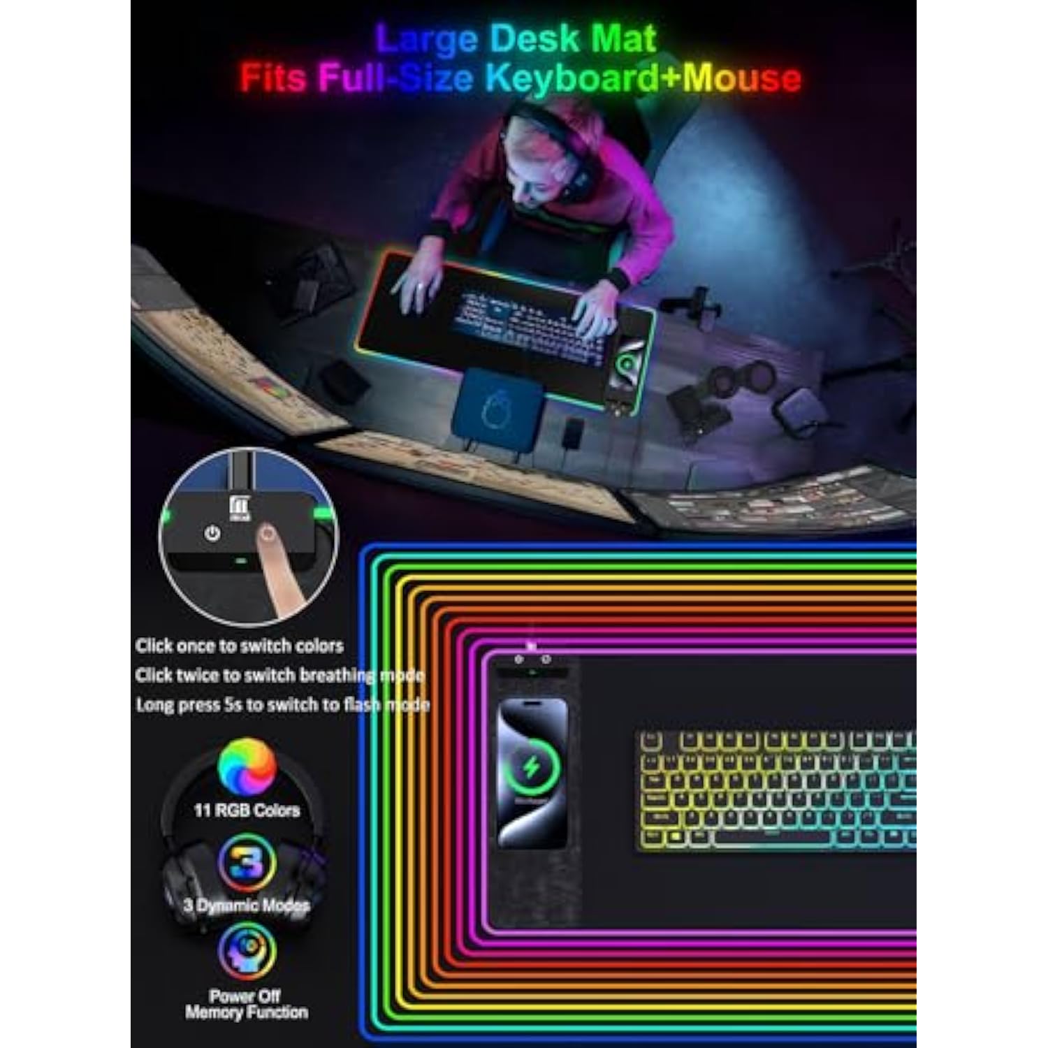 Rgb Gaming Mouse Pad With Fast Wireless Charger, Led Extended Desk Mat, Home Office Large Desk Pad With Ultra-Smooth Surface, Non-Slip Base, Waterproof Keyboard Pad (Black)