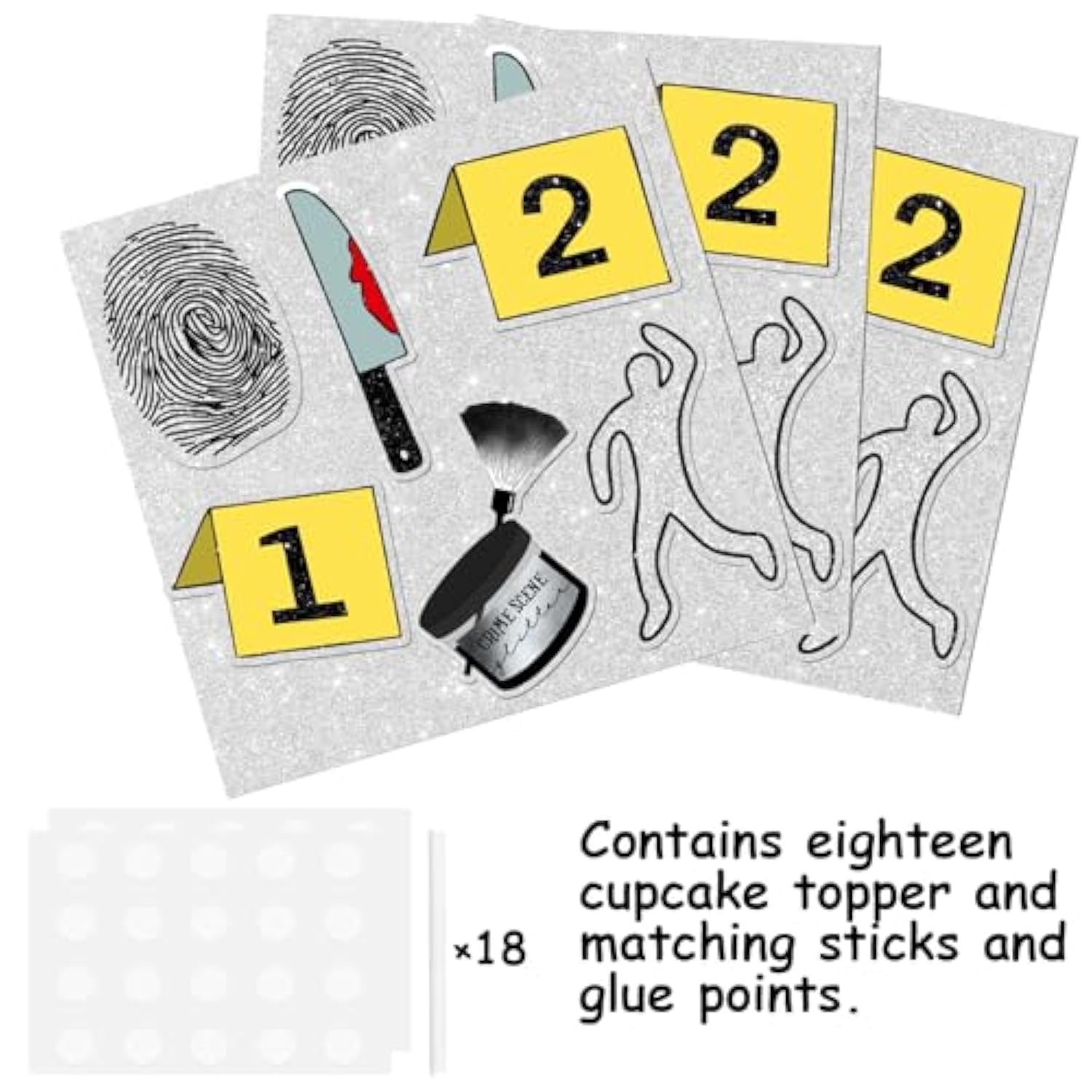 18Pcs Glitter Detective Fingerprint Suspect Dessert Cupcake Topper Mystery Crime Clue Evidence Theme Men Women Girls Boys Happy Birthday Party Decor Supplies Decorations