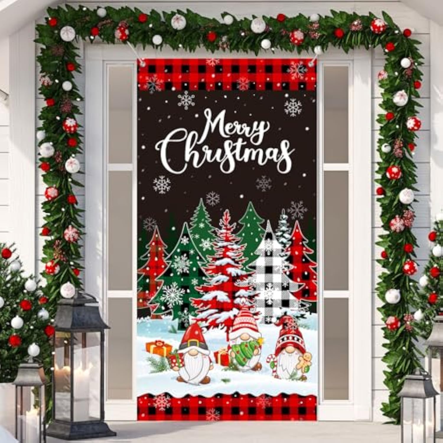 Christmas Door Cover Banner Backdrop Buffalo Plaid Christmas Tree Door Hanging Cover For Winter Holiday Photography Hanging Decorations Supplies, 71 X 35 Inch