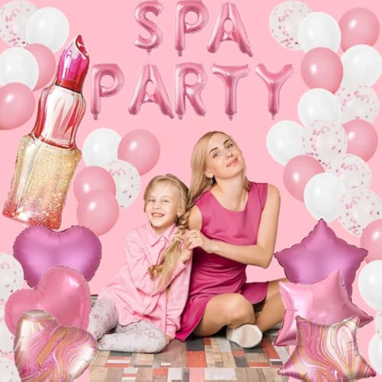 46 Pieces Spa Party Decorations Balloons Spa Theme Birthday Party Supplies Lipstick Cosmetics Balloons Foil Fringe Curtains For Girls Spa Day Makeup Party (Light Pink)