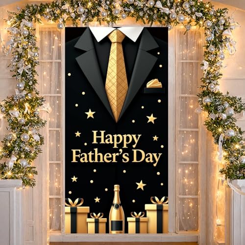 Happy Father's Day Door Cover Black Gold Suit Tie Banner Party Decorations 71x35 Inch Large Fabric Backdrop Background Sign for Indoor Outdoor Front Porch Men Dad Grandpa Celebration