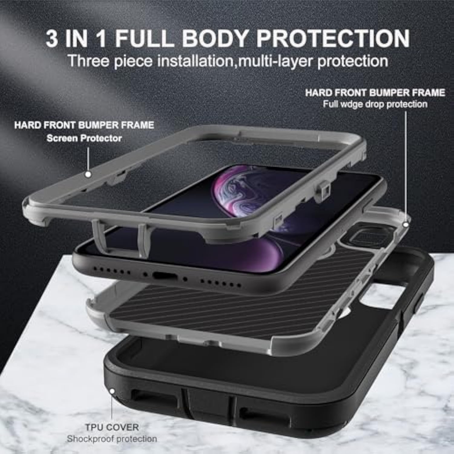 For Iphone Xr Case, Military Grade 3 In 1 Heavy Duty Shockproof/Drop Proof/Dust Proof Case With 2Pcs Tempered Glass Screen Protector (Black/Grey)