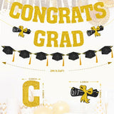 Congrats Grad Banner Sign Glitter Black Graduation Cap with Gold Tassel Garland for Congratulations Graduation Decorations Class of 2026 College High School Graduation Party Décor