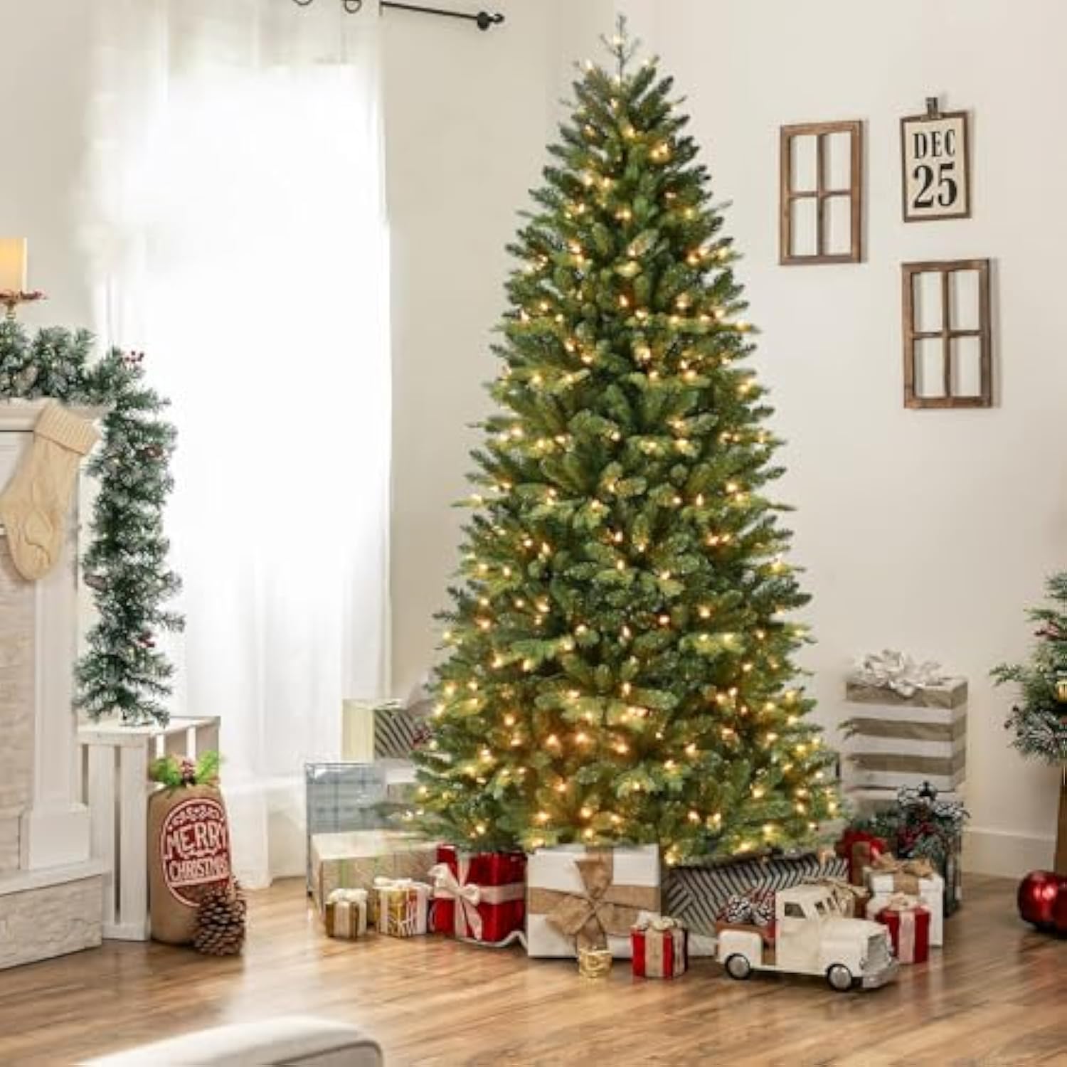 7Ft Prelit Artificial Christmas Tree With 400 Lights, Easy Assembly Hinge Design Skinny Xmas Trees, 1316 Pe&Pvc Mixed Branch Tips, Green