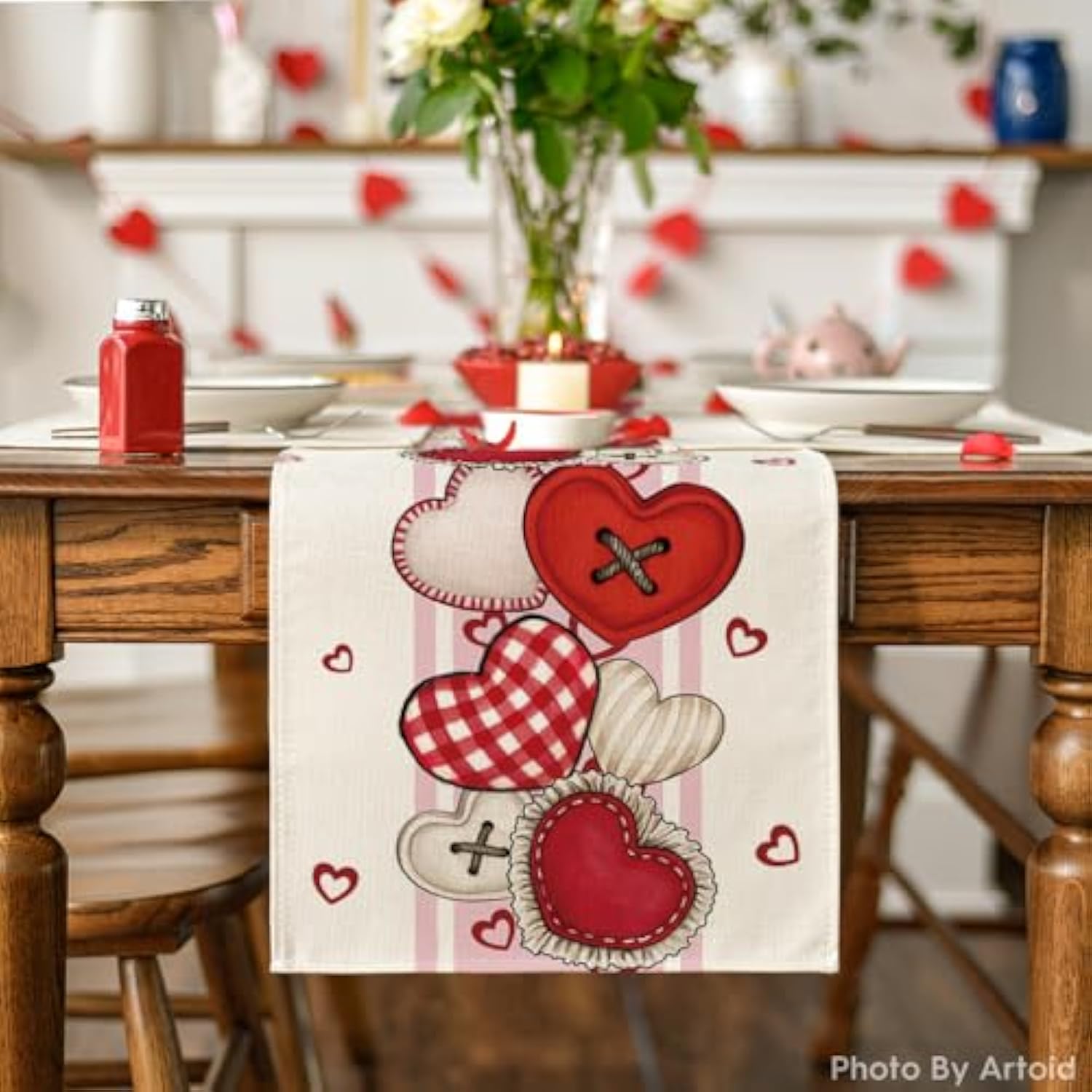 Heart-Shaped Buttons Valentine'S Table Runner, Seasonal Kitchen Dining Table Decoration For Indoor Home Party 13X72 Inch
