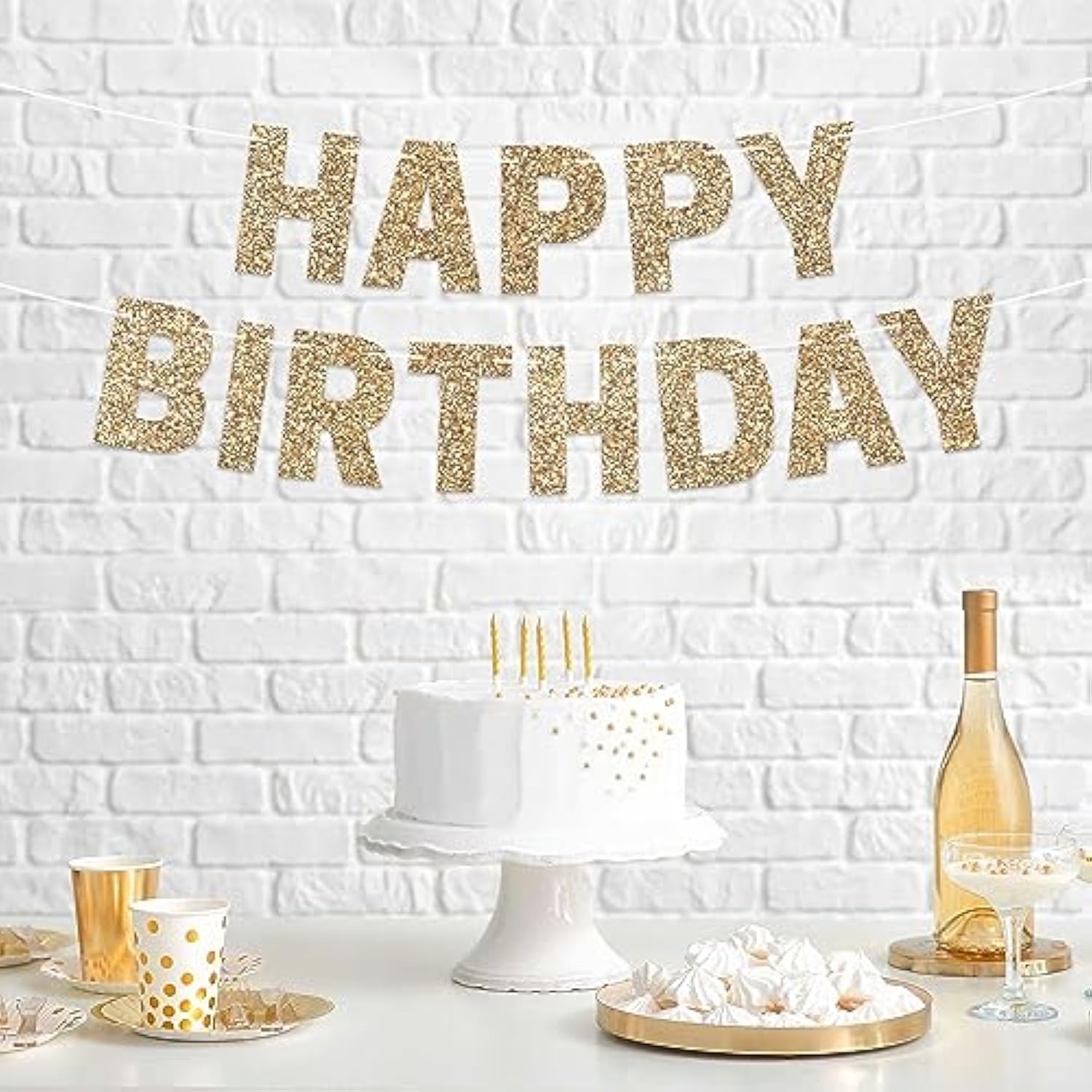 Pre-Strung Gold Glitter Happy Birthday Banner – No DIY Needed, 8ft Garland