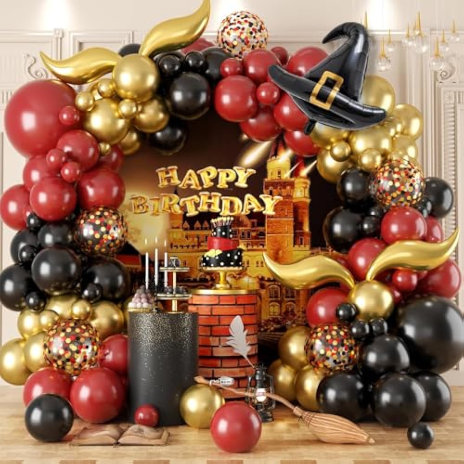 Burgundy Black Gold Balloon Garland Kit – Includes DIY Hat & Wings for Party Decorations