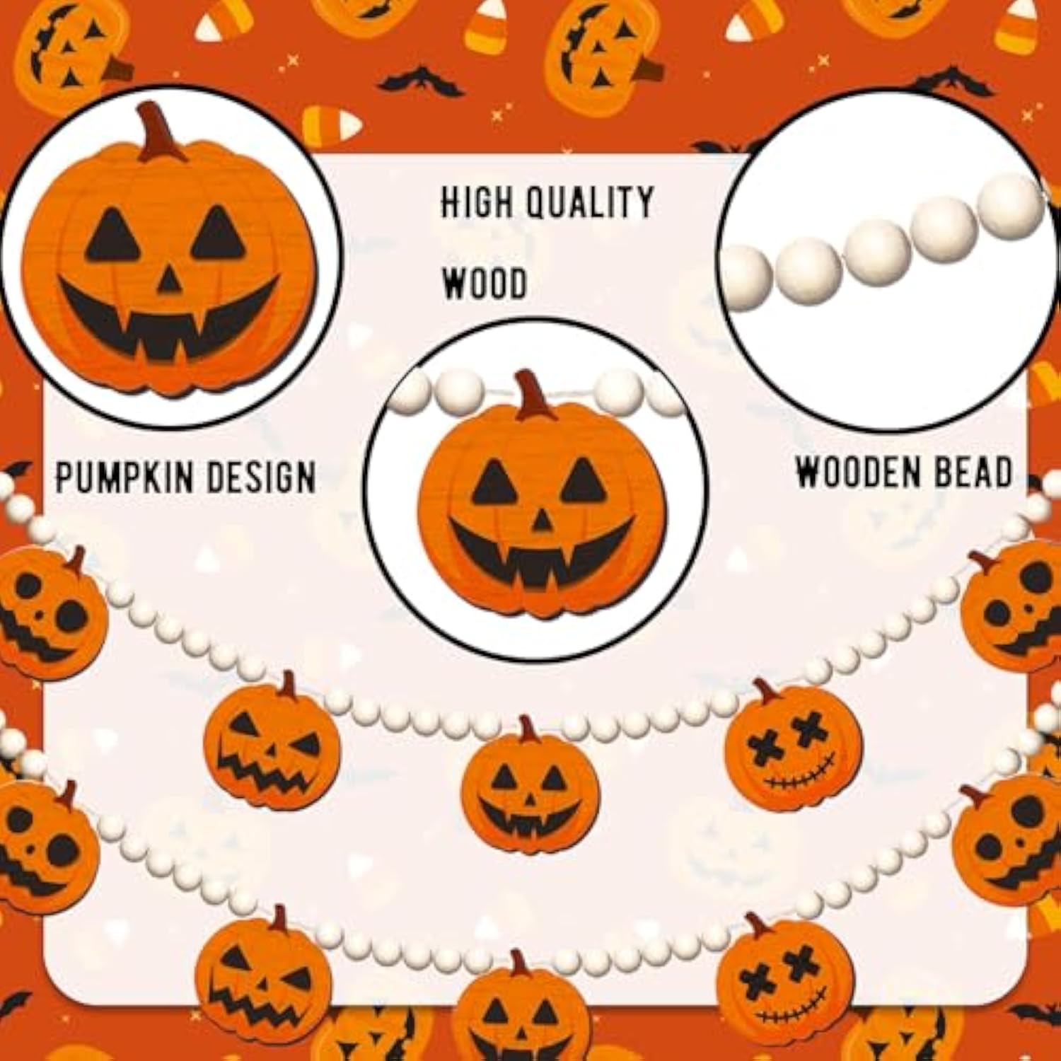 5.4Ft Halloween Wooden Bead Garland with Pumpkin Charms for Fireplace Wall Decor