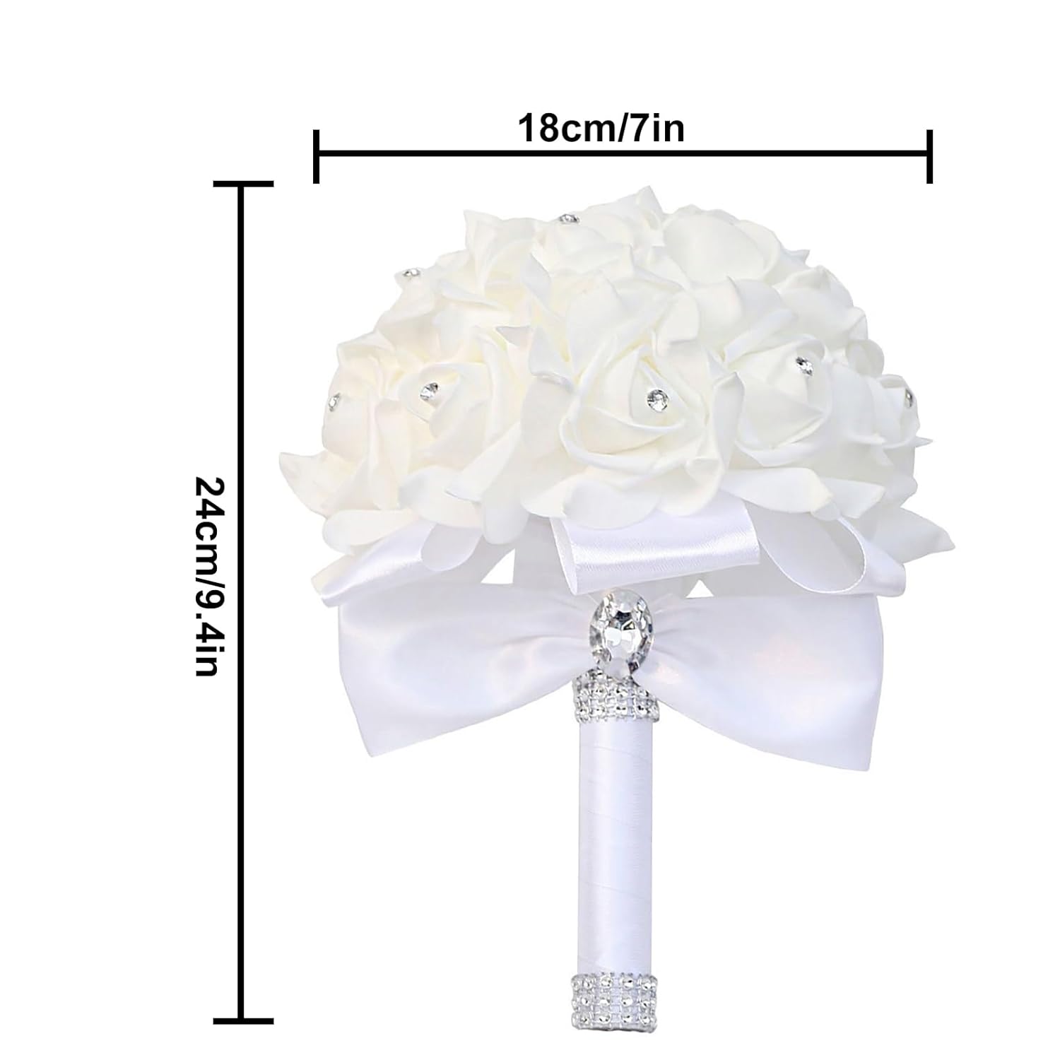 Wedding Bouquets For Bride & Bridesmaid - Hand Roses & Silk Roses Crystal Diamond Artificial Flowers For Wedding Parties, Churches (White)