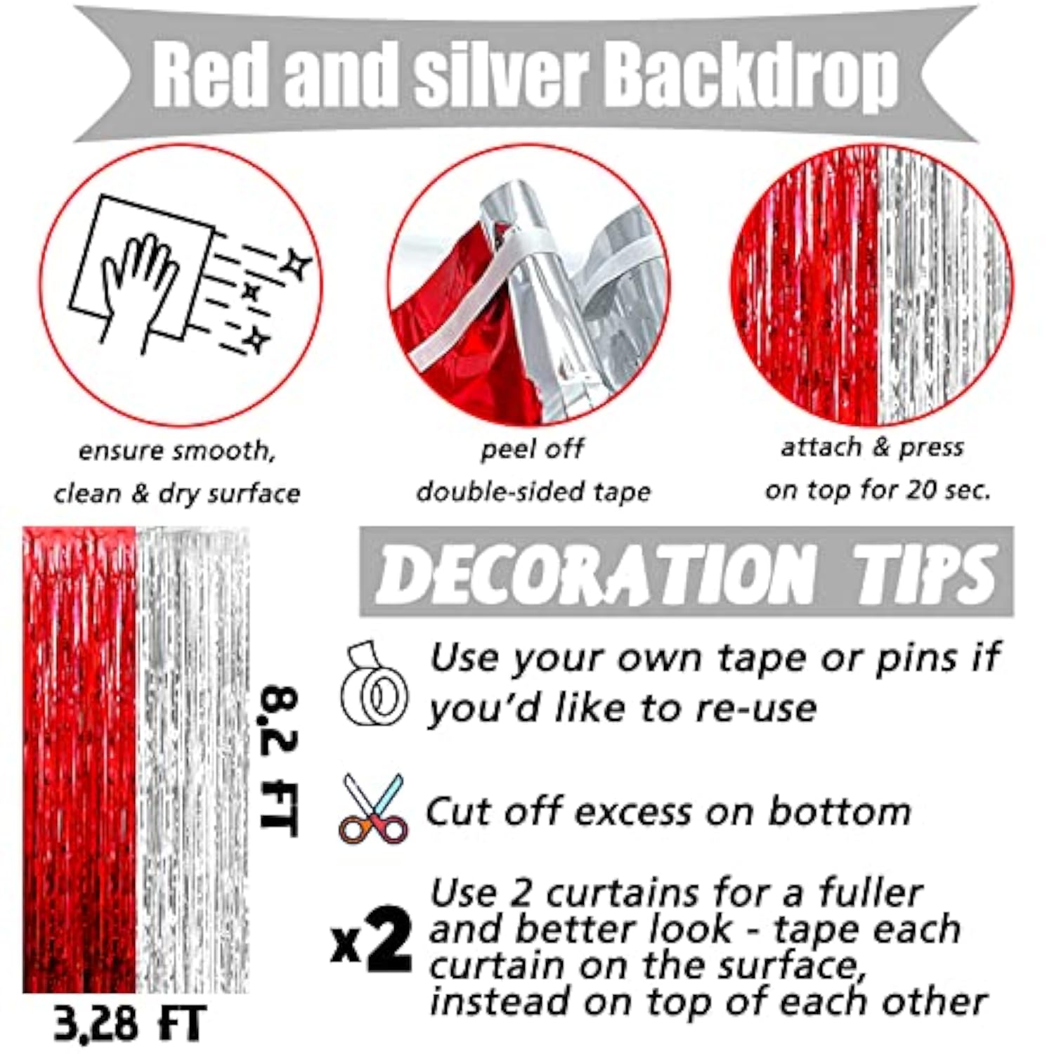 4 Pack 3.2Ft X 8.2Ft Red And Silver Fringe Curtain Backdrop, Metallic Tinsel Foil Fringe Streamers Curtains Background For Photo Booth Wedding Circus Welcome Carnival Birthday Party Decorations