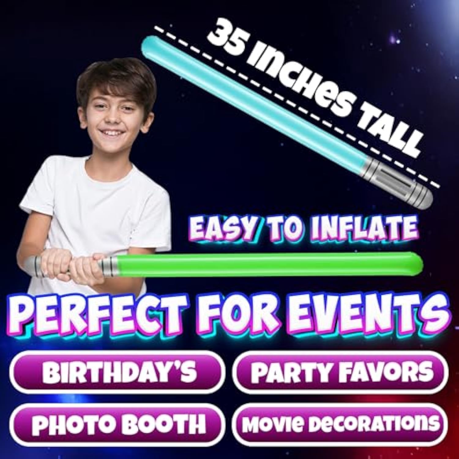 Inflatable Light Sabers For Kids - (Pack Of 12) 35-Inch Neon Color Blow-Up Toy Saber Swords, Party Favors, Goodie Bags, Star Galaxy Theme Birthdays & Prize Toys