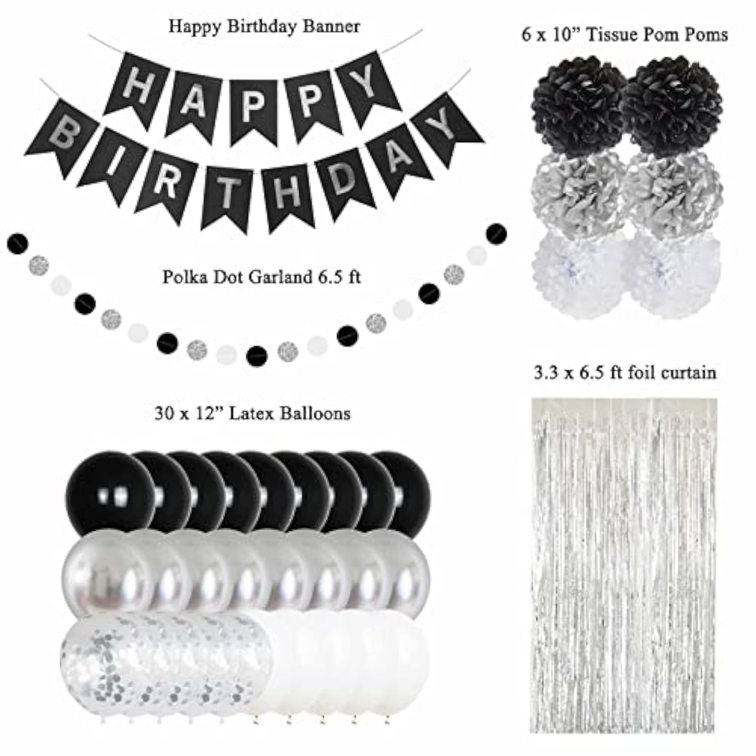 Black & Silver Birthday Decorations – Banner and Balloons for All Ages and Genders