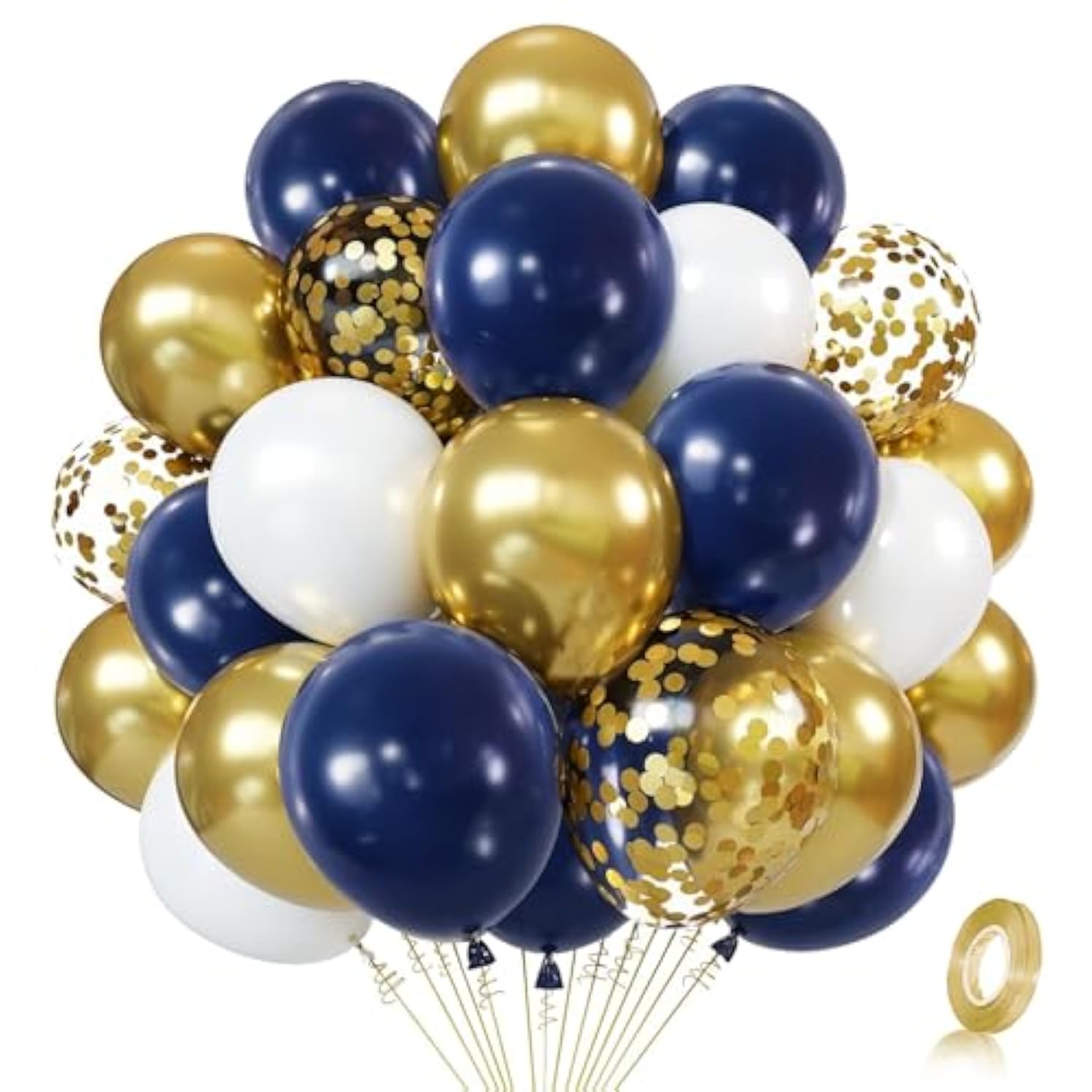50pcs Navy Blue Gold Confetti Balloons 12in Party Decor with Ribbons