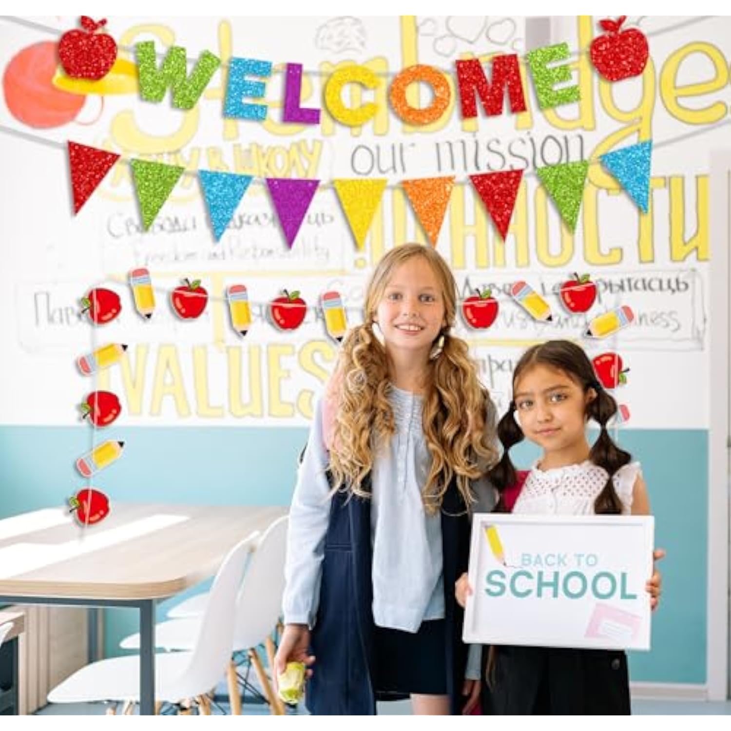 Glitter Welcome Banner And Pennant Banner Colorful Glittery First Day Of School Garland Welcome Back To School Party Fireplace Mantle Decorations Home Classroom Office Photo Booth Props