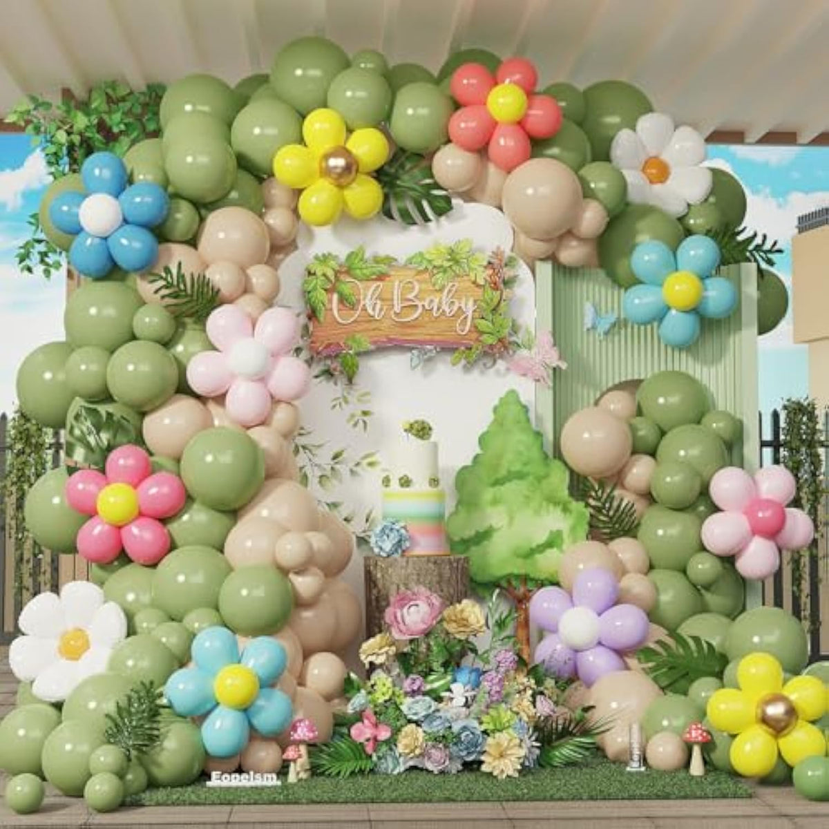 Sage Green Balloon Arch Kit 202Pcs Light Brown Balloon Garland With Diy Rainbow Flower Clip Balloon And Daisy Balloons For Spring Floral Baby In Bloom Birthday Tea Party Decorations