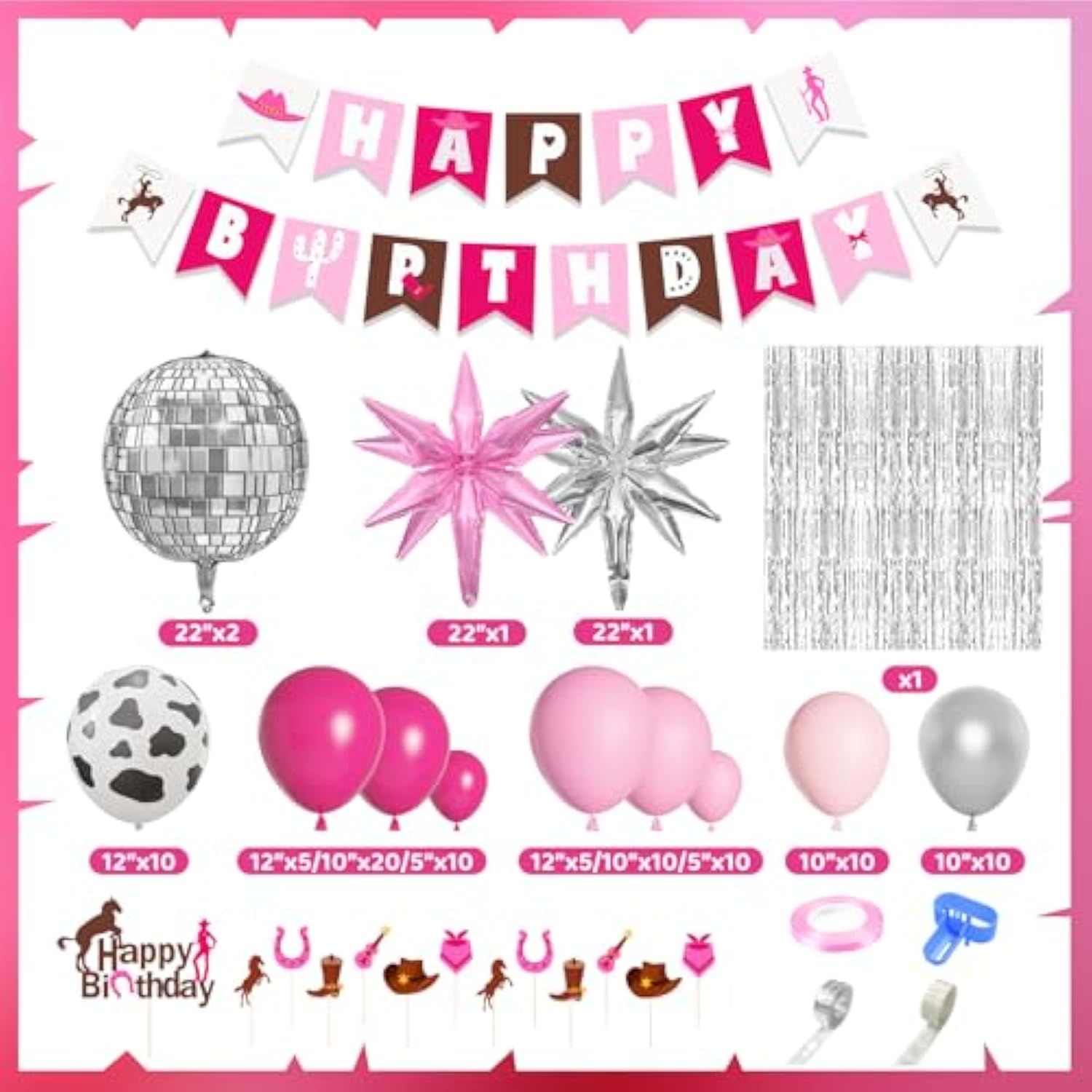 108Pcs Cowgirl Party Decor Set – Pink Western Balloons, Banners, Toppers & Backdrop