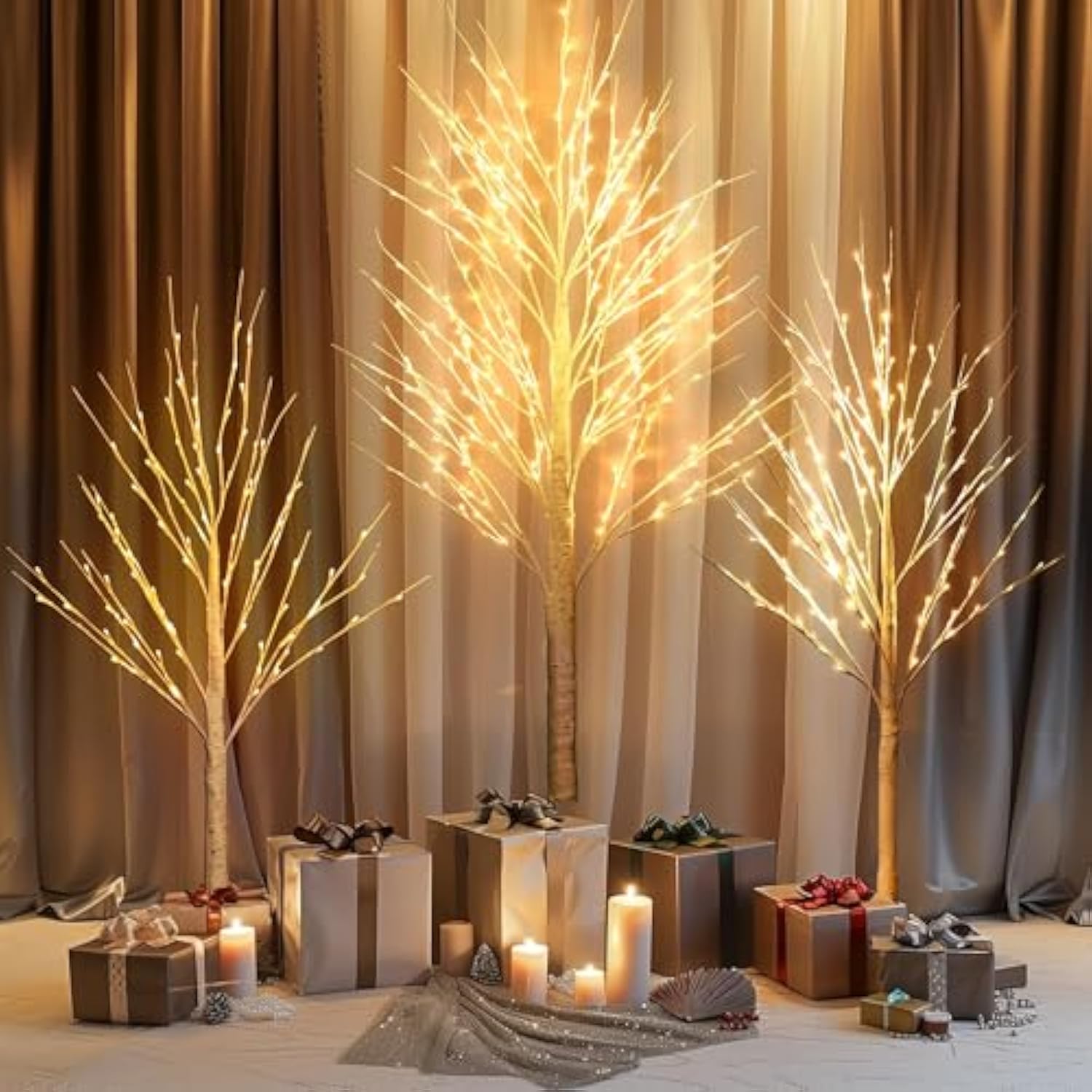 3 Pack Light Up Birch Tree, 4Ft 96 Led/ 5Ft 120 Led/ 8Ft 240 Leds Pre Lit Birch Christmas Tree For Xmas Indoor Outdoor Home Party Garden Decor