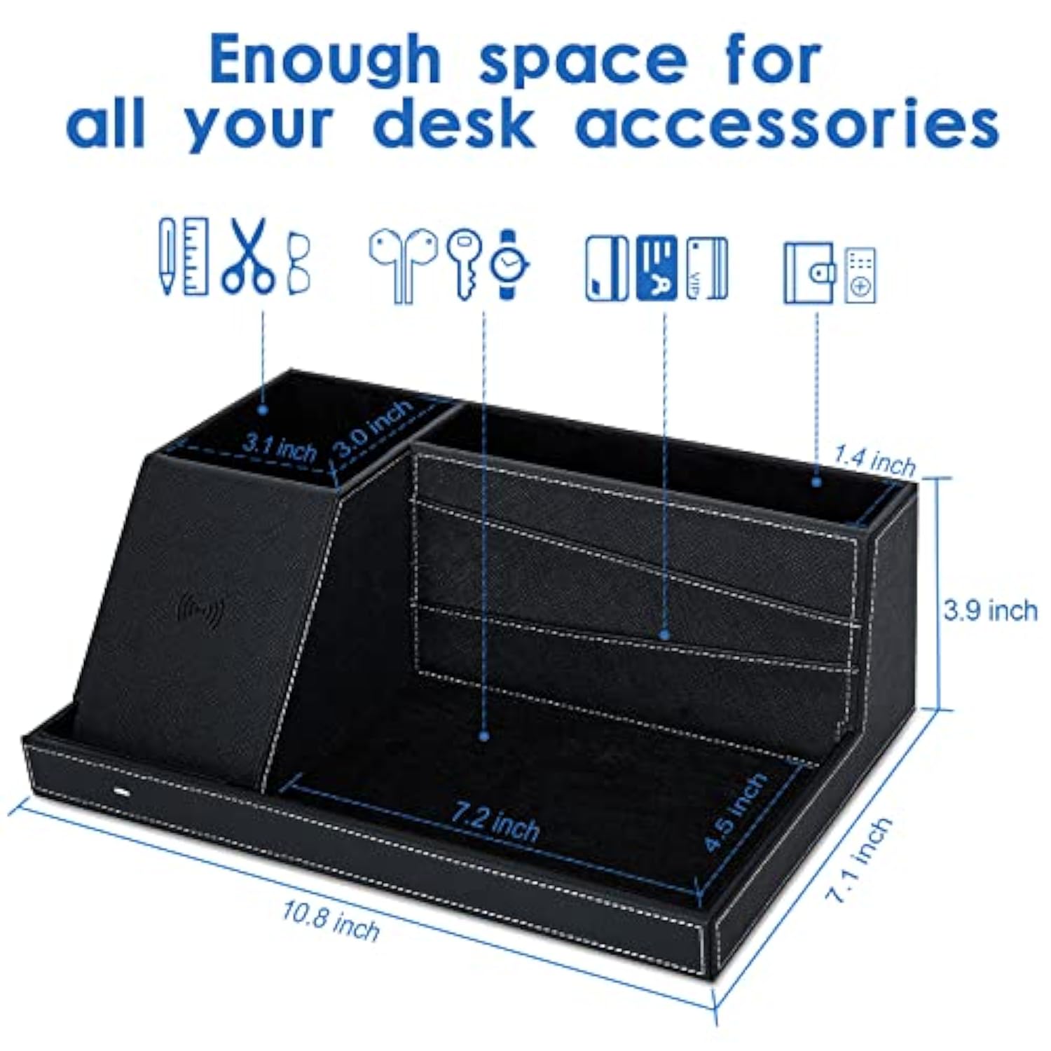 Wireless Charger Desk Nightstand Organizer, Leather Pen Holder Office Supplies Desk Accessories Fast Charging Station, Remote Control Holder, For Iphone Charger Stand Gifts For Men (Black)
