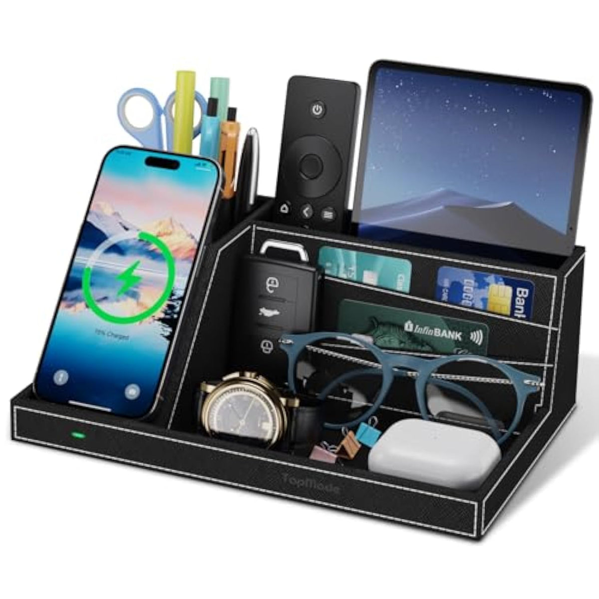 Wireless Charger Desk Nightstand Organizer, Leather Pen Holder Office Supplies Desk Accessories Fast Charging Station, Remote Control Holder, For Iphone Charger Stand Gifts For Men (Black)