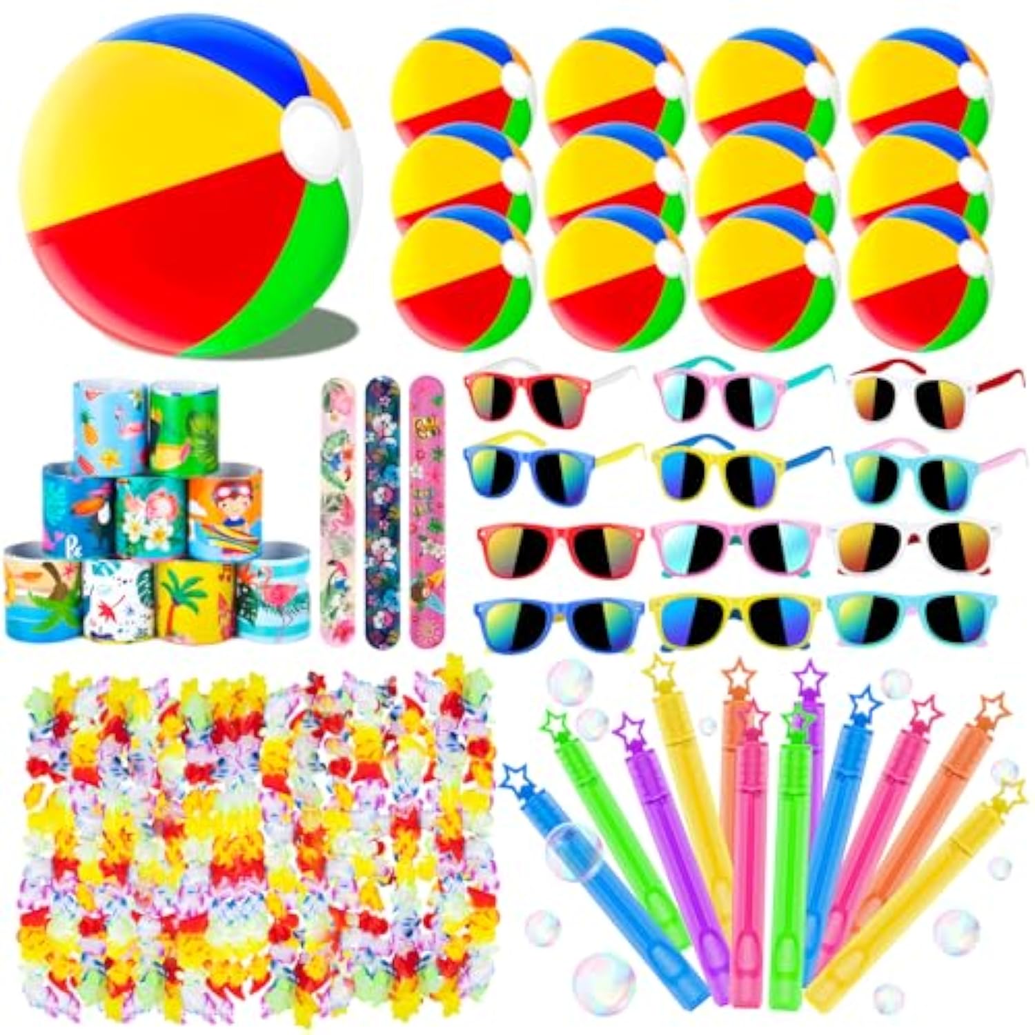 Summer Pool Beach Party Favors,60Pcs Kids Toys For Birthday Party Supplies,Pool Beach Toys,Hawaiian Leis For Luau Party Decorations,Beach Ball,Kids Sunglasses,Bubble Wands