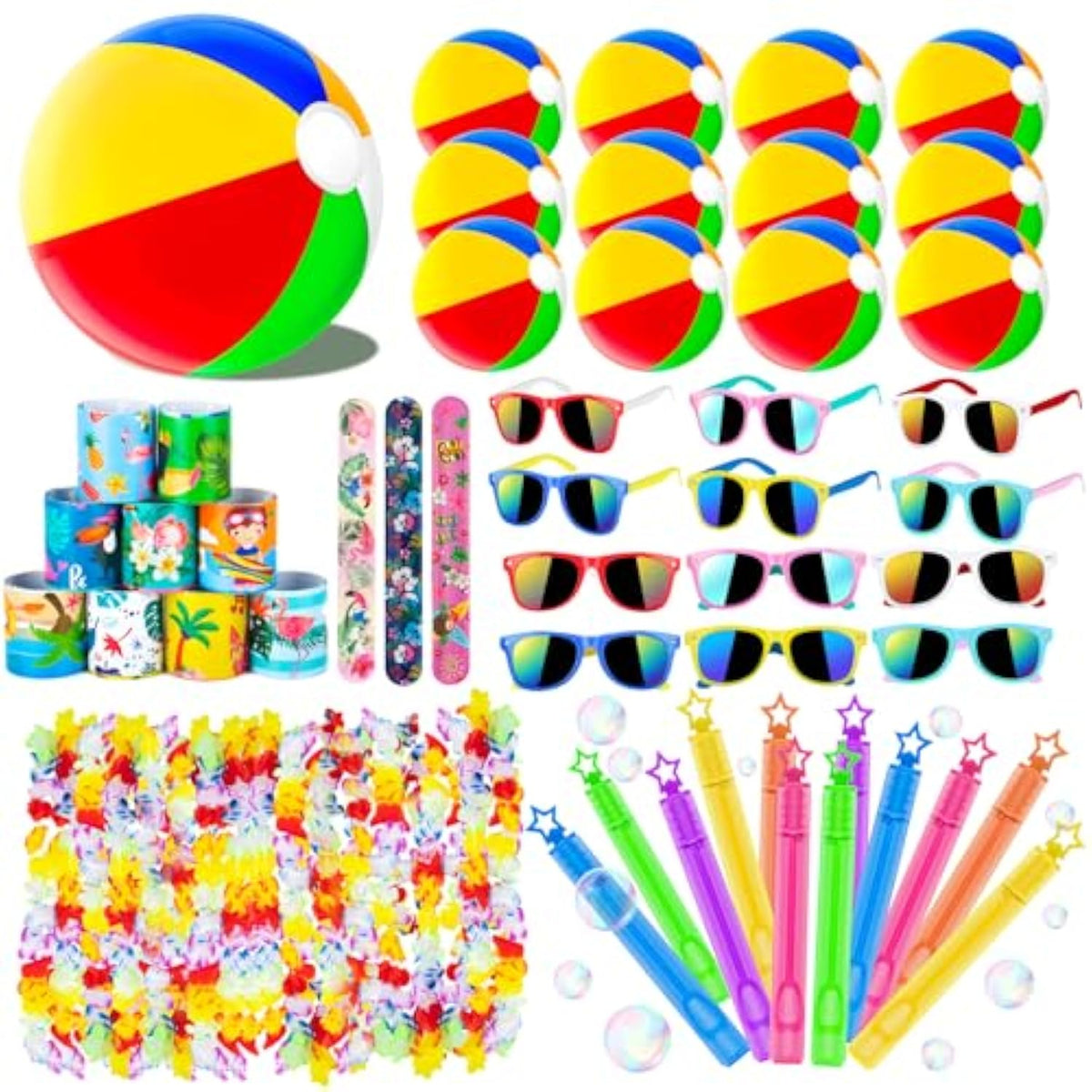 Summer Pool Beach Party Favors,60Pcs Kids Toys For Birthday Party Supplies,Pool Beach Toys,Hawaiian Leis For Luau Party Decorations,Beach Ball,Kids Sunglasses,Bubble Wands