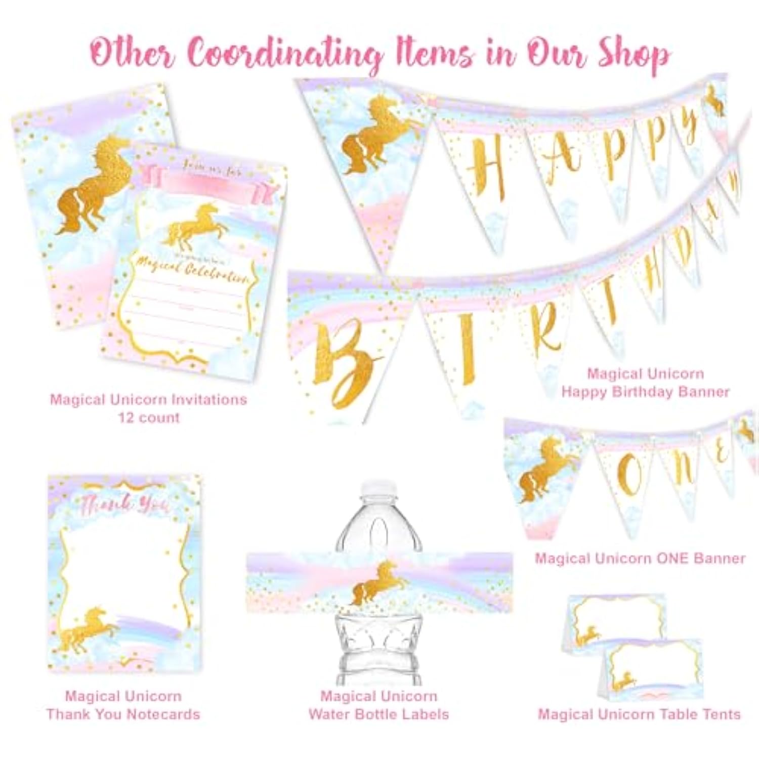Magical Unicorn 12 Large Invitations - 12 Invitations + 12 Envelopes - Double Sided