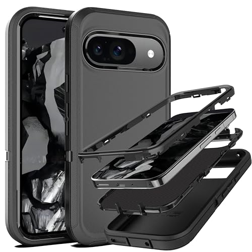 For Google Pixel 9/Pixel 9 Pro Case - 3-In-1 Heavy Duty Rubber Protection Cover,16 Ft Military Grade Shockproof Secure Layered Pixel 9/9 Pro Phone Case-Black