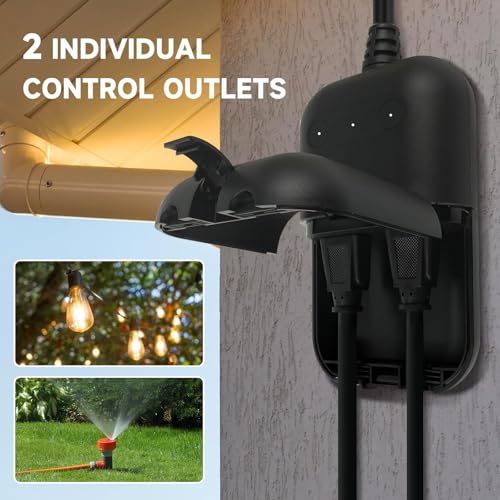 Outdoor Smart Plug, Waterproof Ip66 Wifi Plug With 2 Individually Sockets, Compatible With Alexa & Google Assistant, Smart Outdoor Outlet For String Lights, Ul Certified, Black
