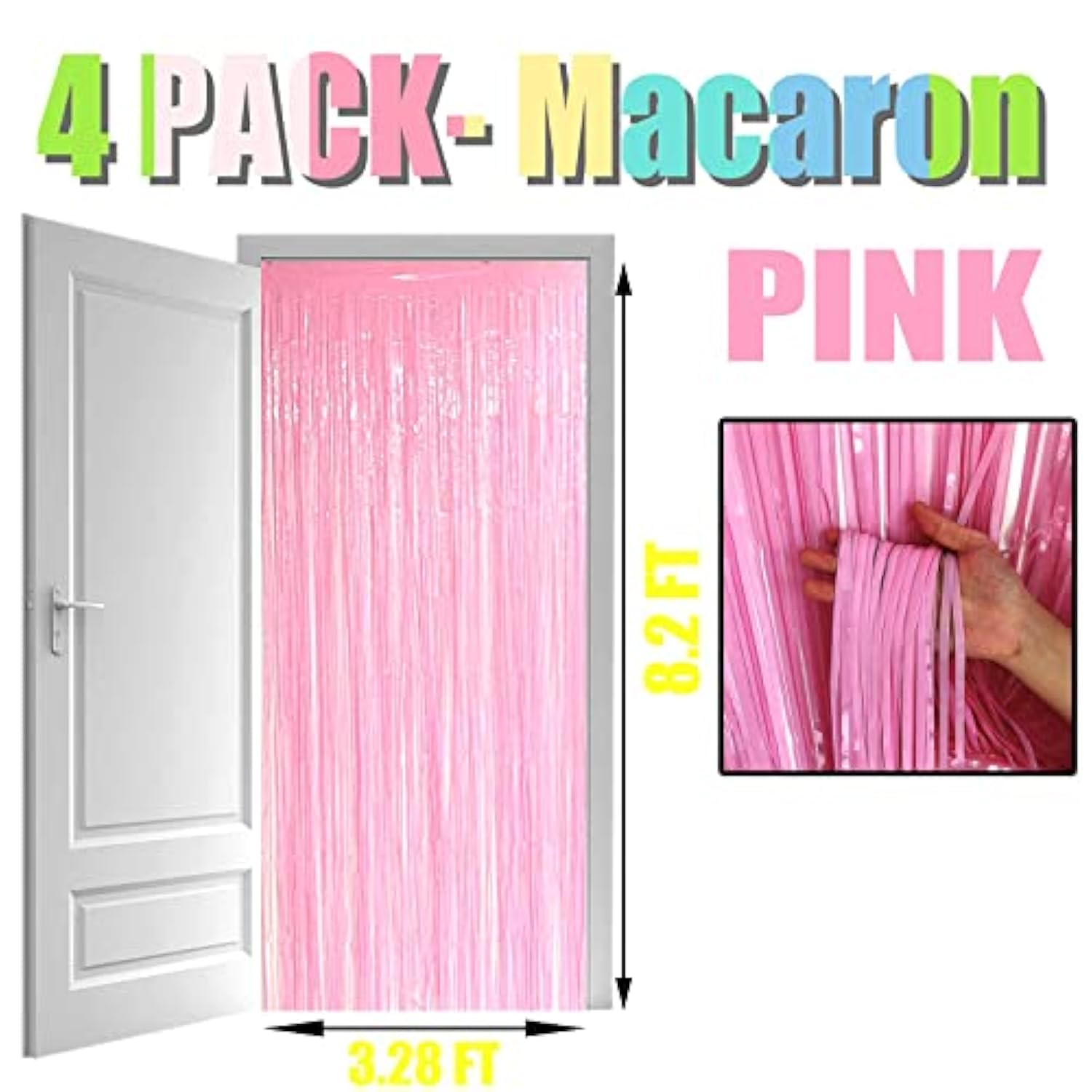 4-Pack Macaron Pink Foil Fringe Curtains 3.28x8.2 ft for Party and Photo Booth Decor