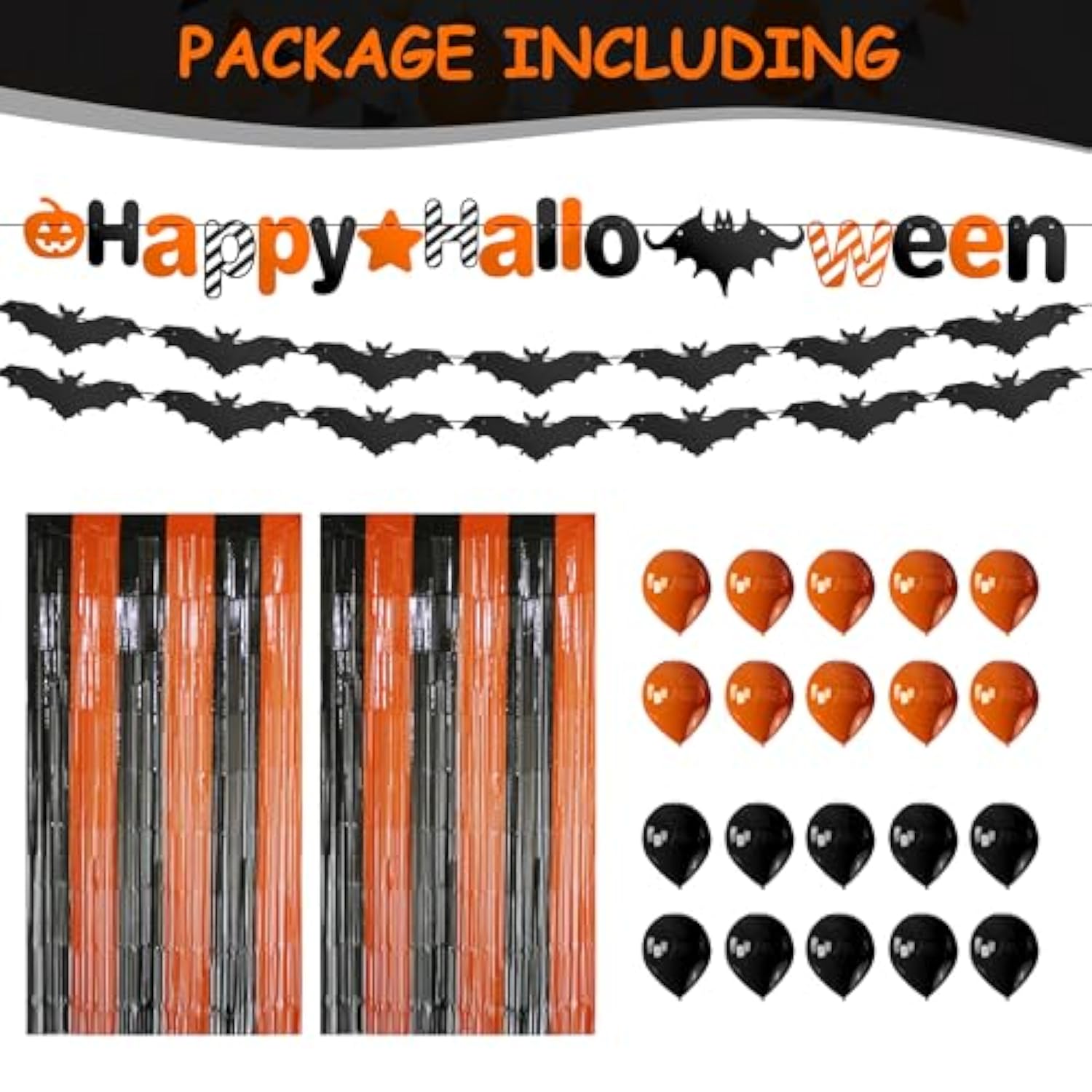 2 Pack Black Orange Foil Fringe Curtains 6.6x6.6ft Halloween Party Backdrop Decor