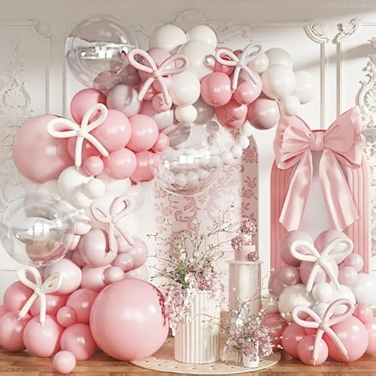 Pastel Pink And White Coquette Balloons Arch, 134 Pcs Light Baby Dusty Pale Pink Bow Balloon Garland Mit 18 Inch Clear Balloons *5, Long Balloon As Bow Decor For Girls Just Wanna Be One Birthday