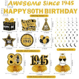 11 Pcs 80th Birthday Kit Black & Gold Banner, Centerpieces & Swirls for Men/Women