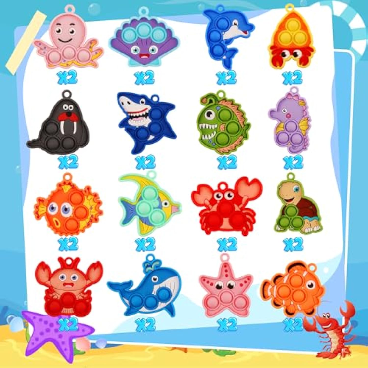 32Pcs Sea Animal Pop Fidget Toys Bulk, Mini Pop Keychain,Party Favors For Kids, Goodie Bag Stuffers,Classroom Prizes,Treasure Box Toys