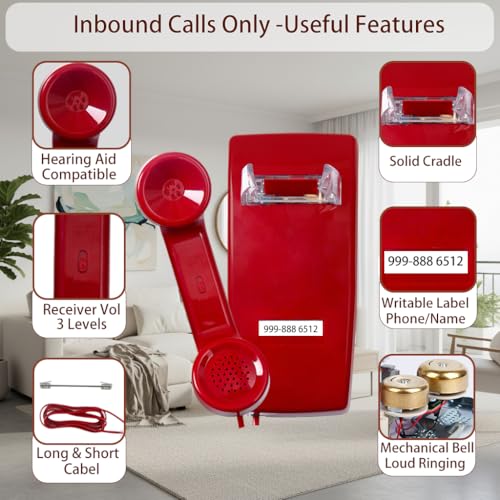 No Dial Wall Phone For Elderly Dementia, No Dialpad Wall Telephone For Older,Incoming Calls Only Wall Phones For Senior, 2554 Wall Telephone Without Keypad For Memory Care,Home,Bar,Garage, Red