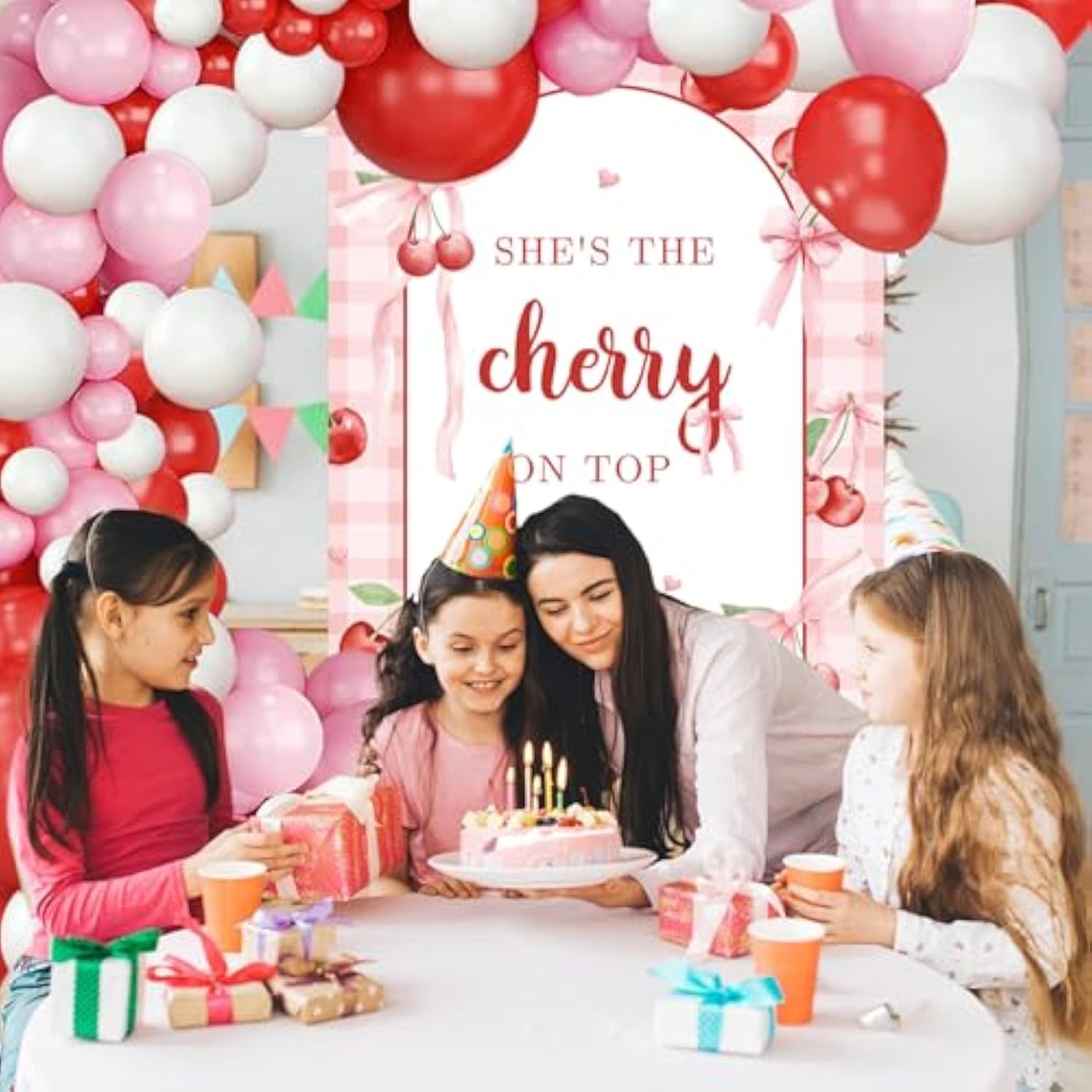 127Pcs Red Pink White Balloons Arch Kit, She Is The Cherry On Top Banner Backdrop, Cherry Birthday Bridal Shower Party Decorations, Fruit Baby Shower Balloons Garland Party Decor