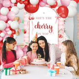 127Pcs Red Pink White Balloons Arch Kit, She Is The Cherry On Top Banner Backdrop, Cherry Birthday Bridal Shower Party Decorations, Fruit Baby Shower Balloons Garland Party Decor