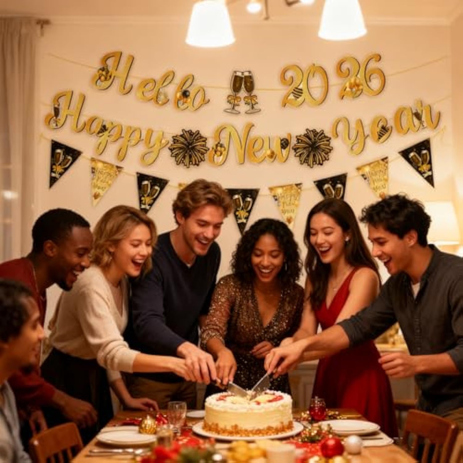3 Pc Happy New Year Black Gold Banner with Pom Flags Swirls and Garland