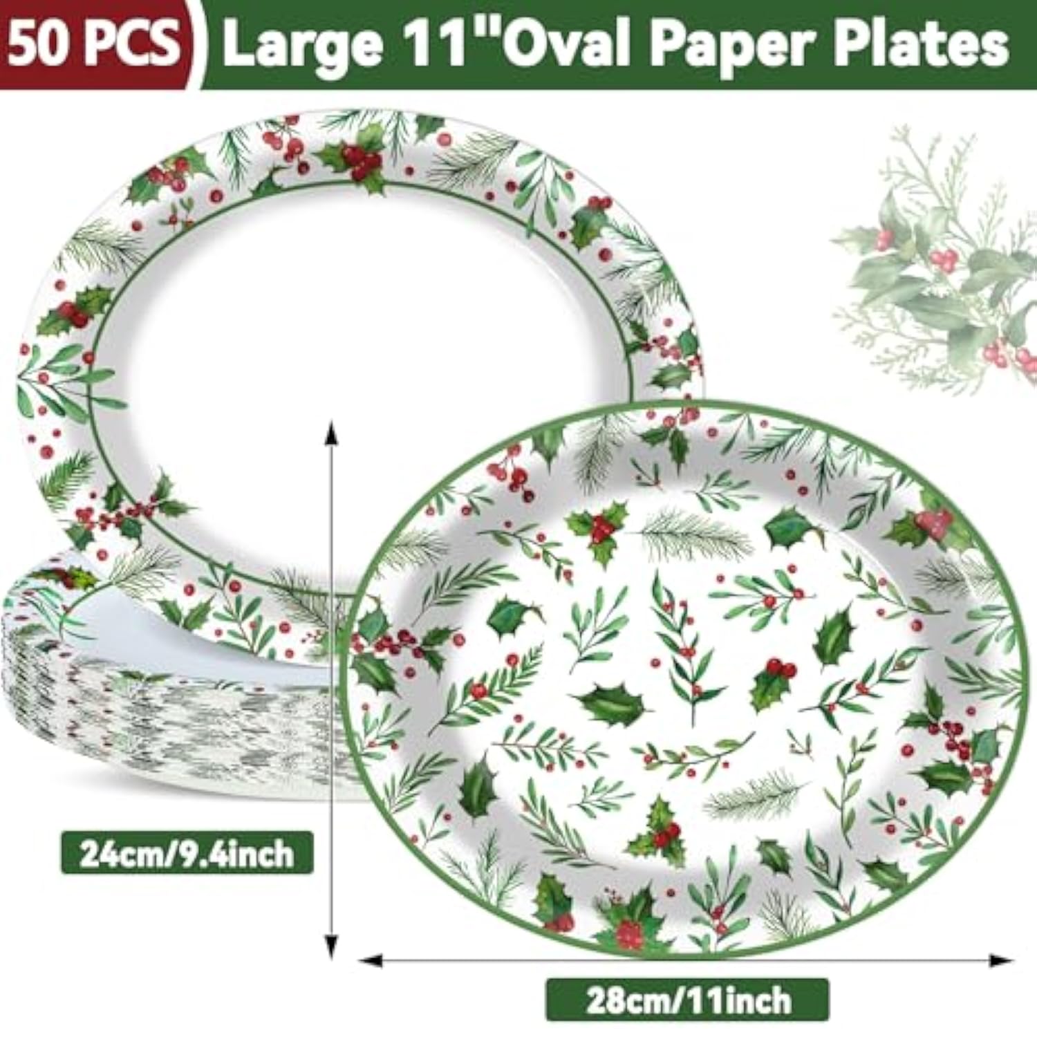 50Pcs Christmas Oval Plates Christmas Seasonal Holly Paper Plates 9.4 * 11.6Inch Large Disposable Platter For Merry Christmas Party And Holiday Party Decorations