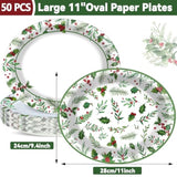 50Pcs Christmas Oval Plates Christmas Seasonal Holly Paper Plates 9.4 * 11.6Inch Large Disposable Platter For Merry Christmas Party And Holiday Party Decorations
