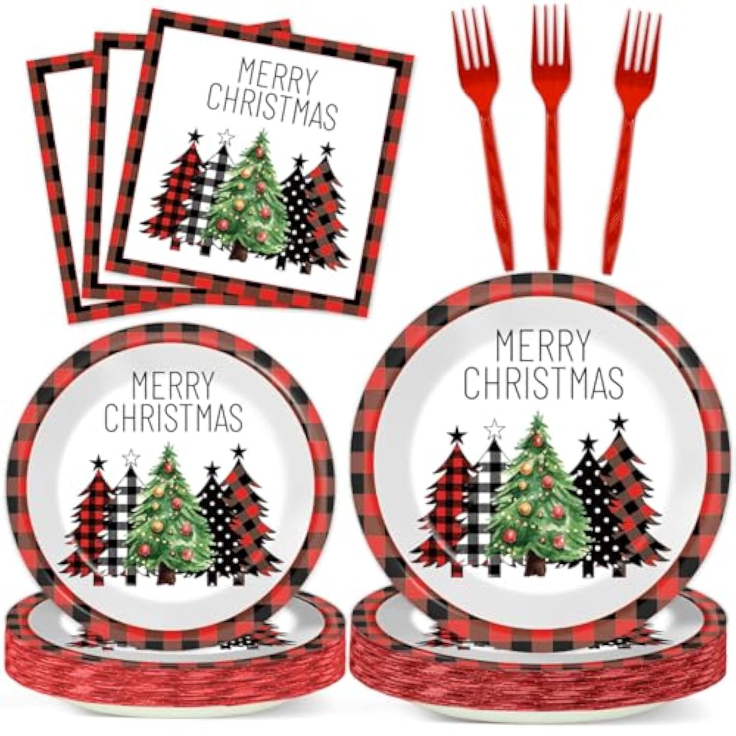 96 Pcs Christmas Red And Black Buffalo Plaid Paper Plates And Napkins For Merry Christmas Party Supplies Black Red Plaid Xmas Trees Party Tableware For 24 Guests Winter Xmas Party Decorations