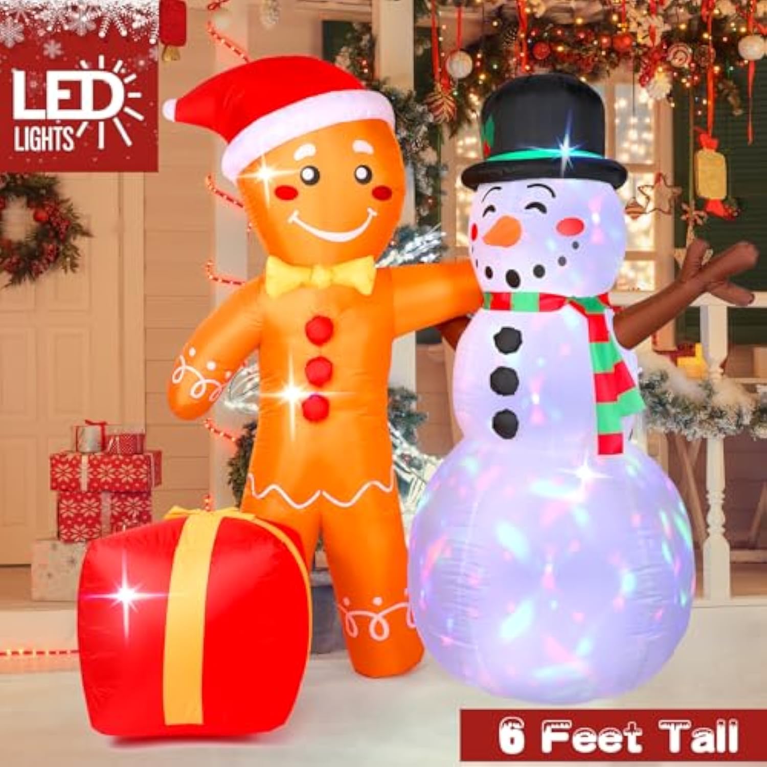 Christmas Inflatables Outdoor Decoration, Cute 6 Ft Snowman Gingerbread Christmas Decorations, Build-In Leds, Stable Chr