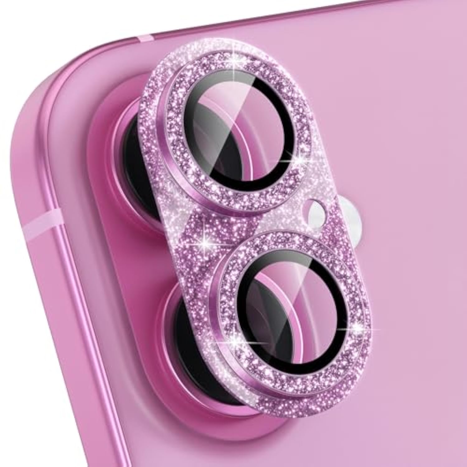 Compatible For Iphone 16 /Iphone 16 Plus Camera Lens Protector, Bling Camera Cover With 9H Tempered Glass Lens Screen Protector Metal Ring Decoration Accessories (Glitter-Pink)