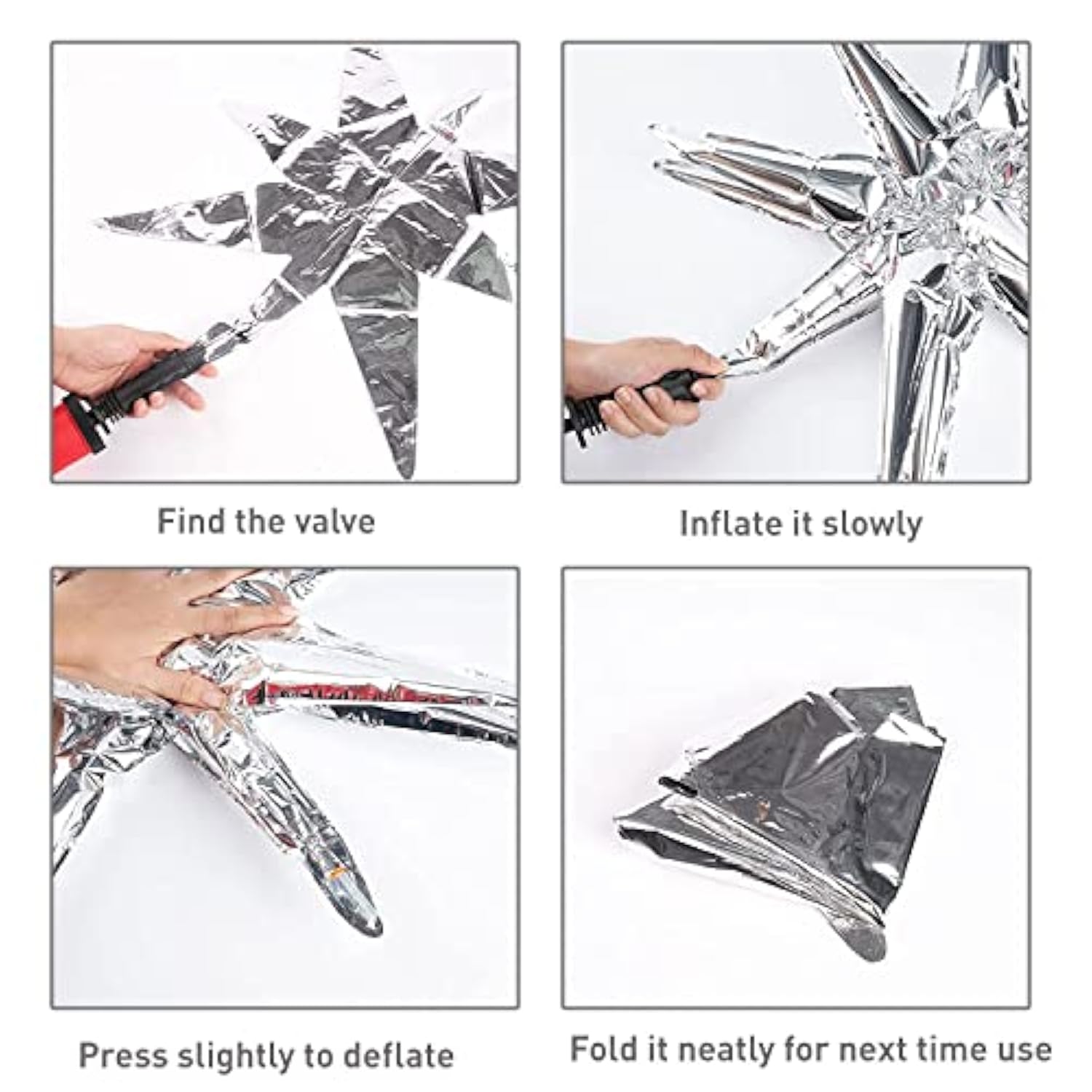 6 Pcs Silver Star Foil Balloons, 14-Pointed 4D Starburst Mylar Balloons for Parties