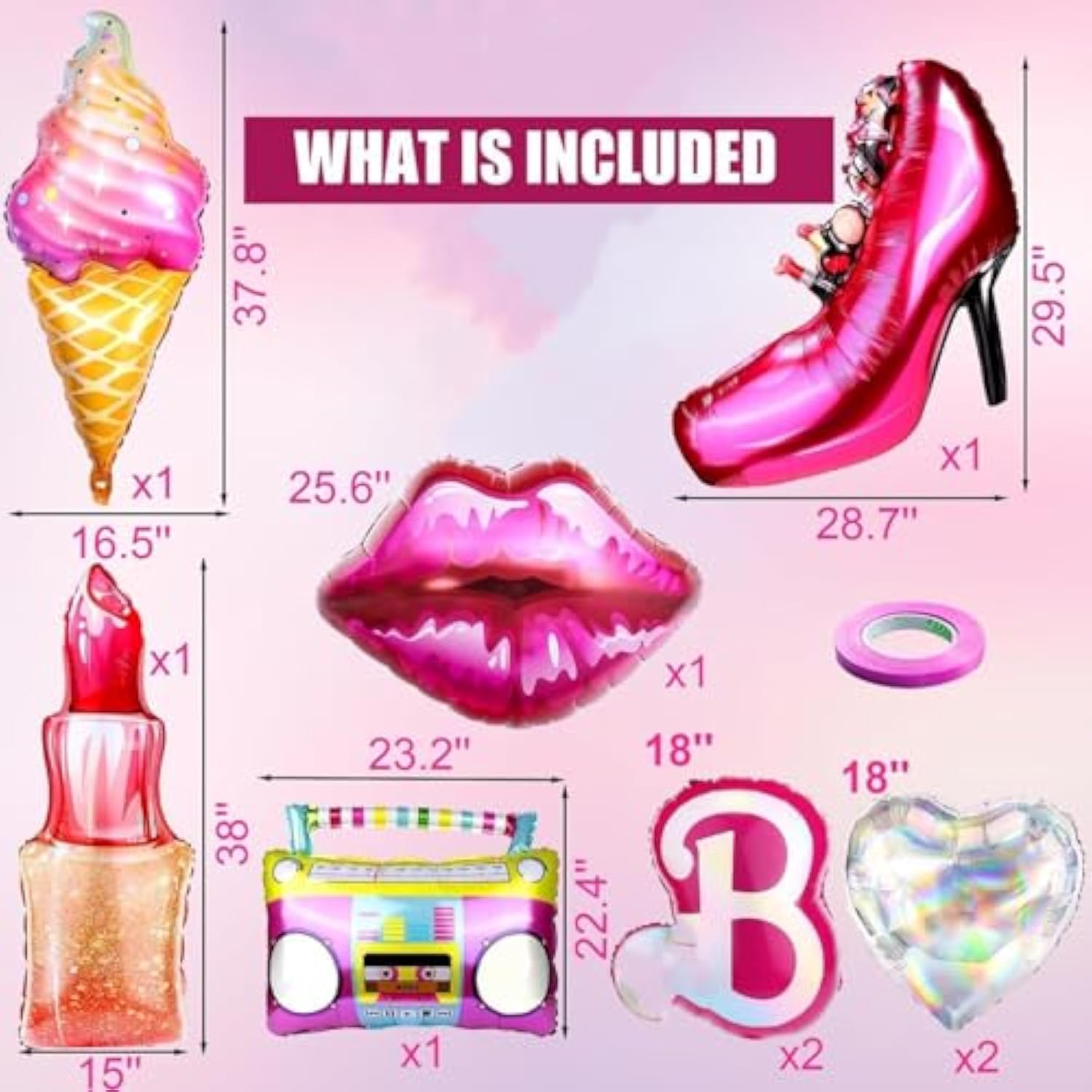 9 Pcs Pink Girls Head Balloons, 28”Hot Pink Lips Heart Lipstick Ice Cream Aluminum Foil Balloons For Girl Birthday, Princess Doll Theme Party Decorations Supplies, Baby Shower.