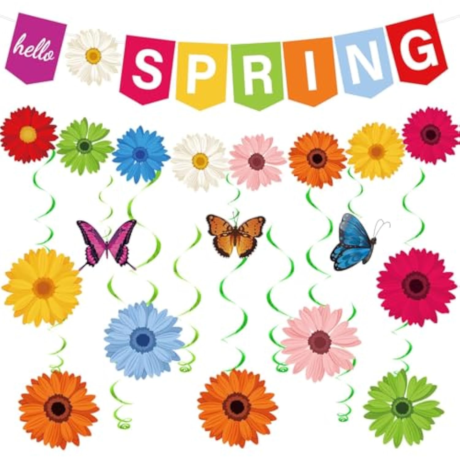 Hello Spring Paper Flower Banner Spring Sunflower Hanging Swirl Decoration Floral Party Banner Garland Kit Flower Hanging Streamers For Mantle Fireplace Indoor Outdoor Home Classroom
