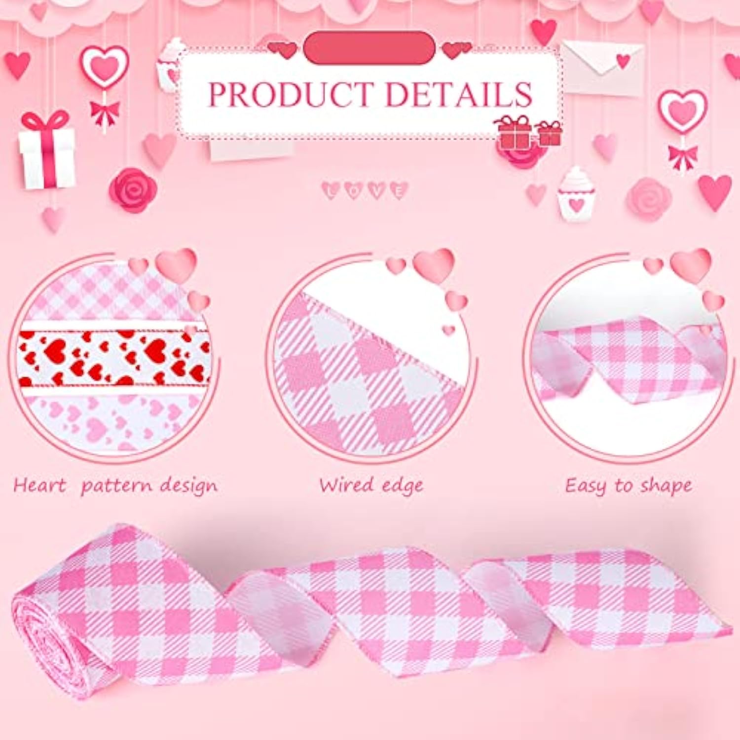 6 Rolls 30 Yards Valentine'S Day Burlap Wired Ribbon 2.5 Inch Heart Pr