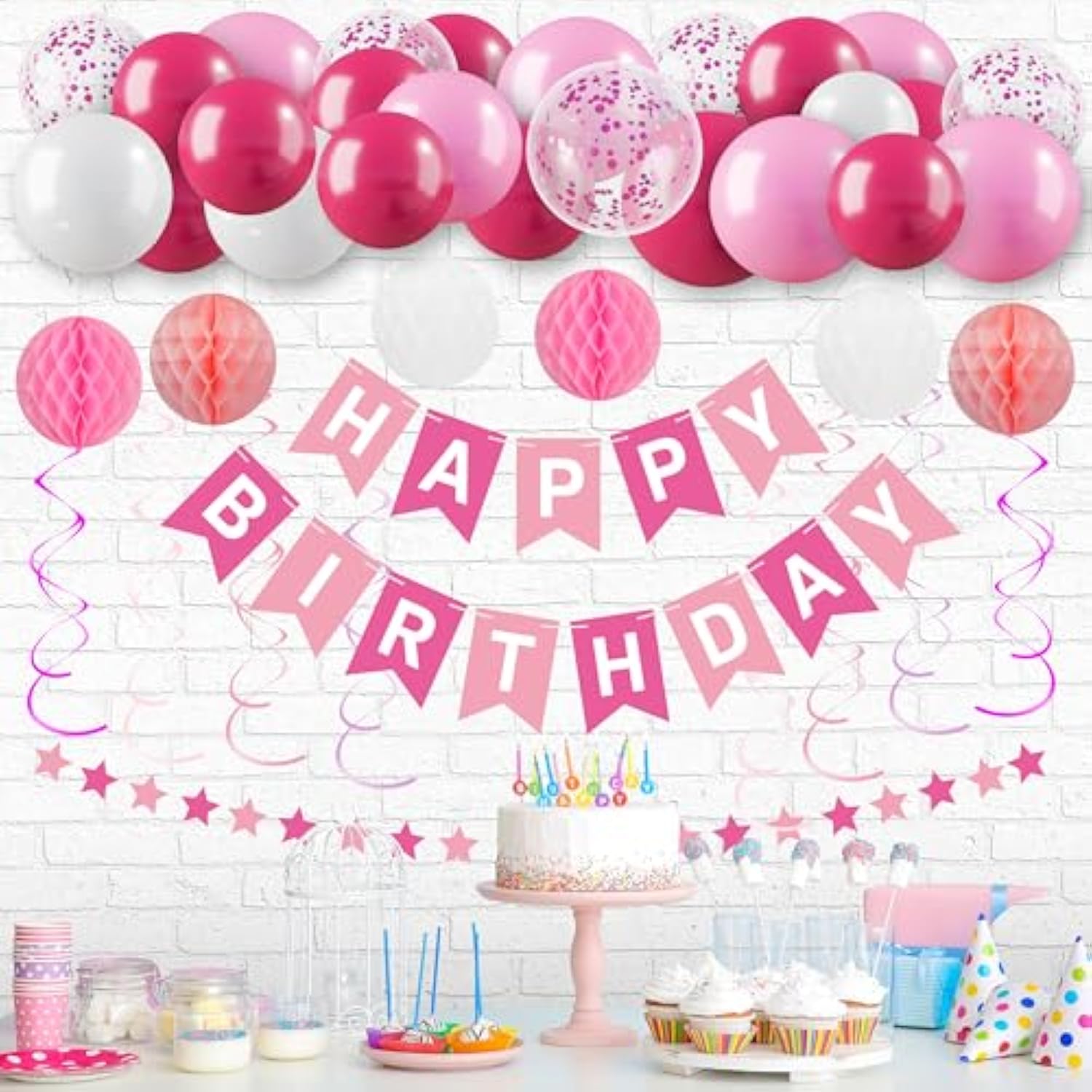 Pink Happy Birthday Decorations Kit For Women Girls Kids, Pre-Strung Birthday Banner Sign With Tissue Paper Poms, Star Garland, Balloons, Hanging Swirls Streamers For Party Decor