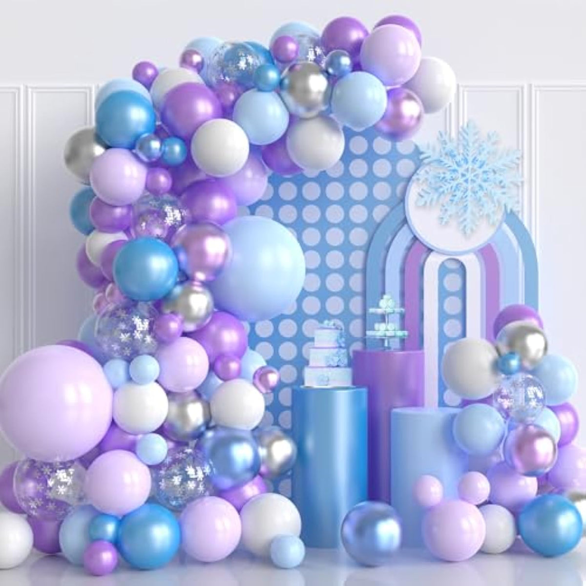 124pcs Blue & Purple Balloon Garland Kit – Snowflake Winter Theme for Birthday and Baby Shower